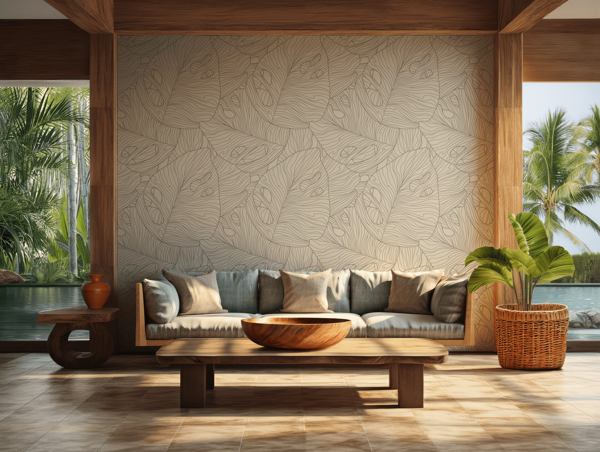 Beige Monstera Leaf Wallpaper - Self Adhesive Wall Mural - Line Art Tropical Botanical Nature BV331