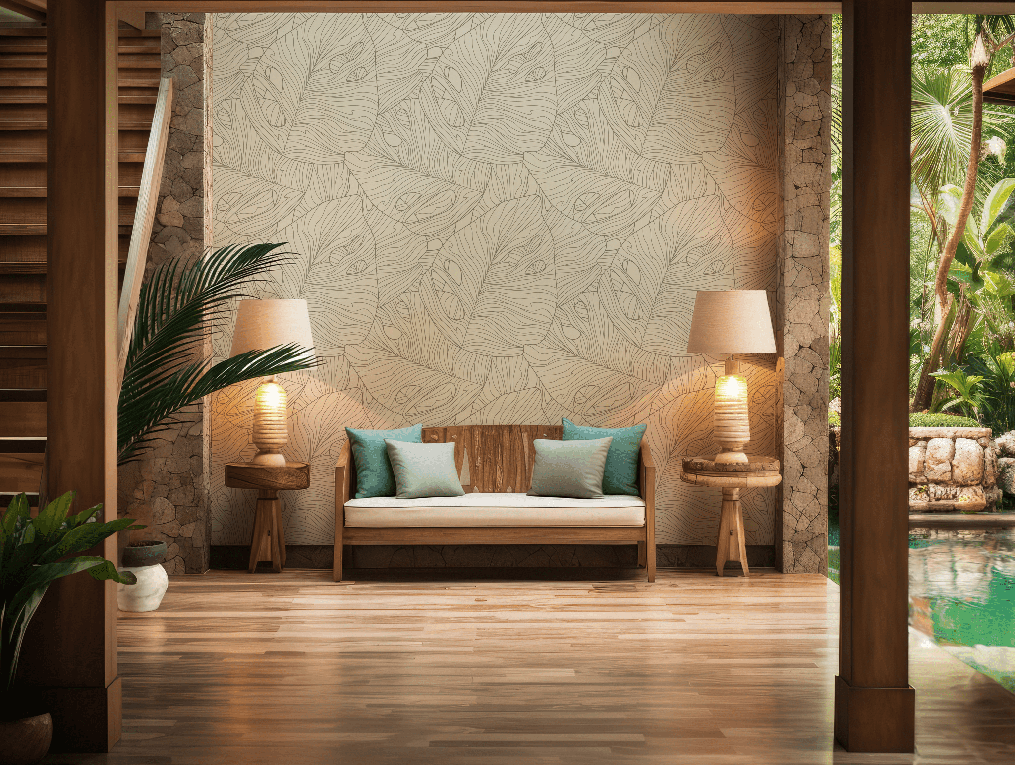 Beige Monstera Leaf Wallpaper - Self Adhesive Wall Mural - Line Art Tropical Botanical Nature BV331
