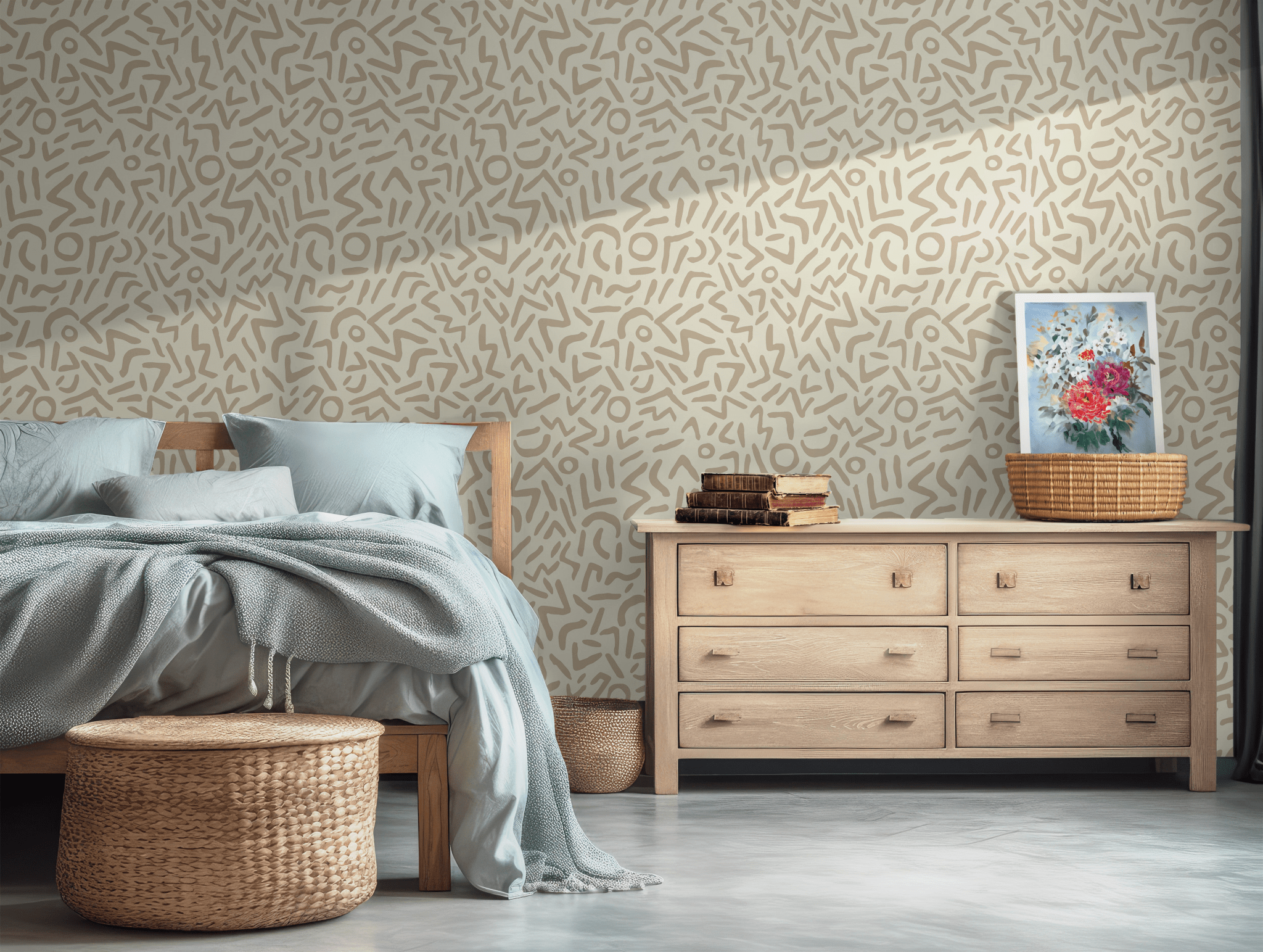 Beige Neutral Tones Boho Self Adhesive Peel and Stick Wallpaper Abstract Geometric Hand Drawn Aesthetic BV334