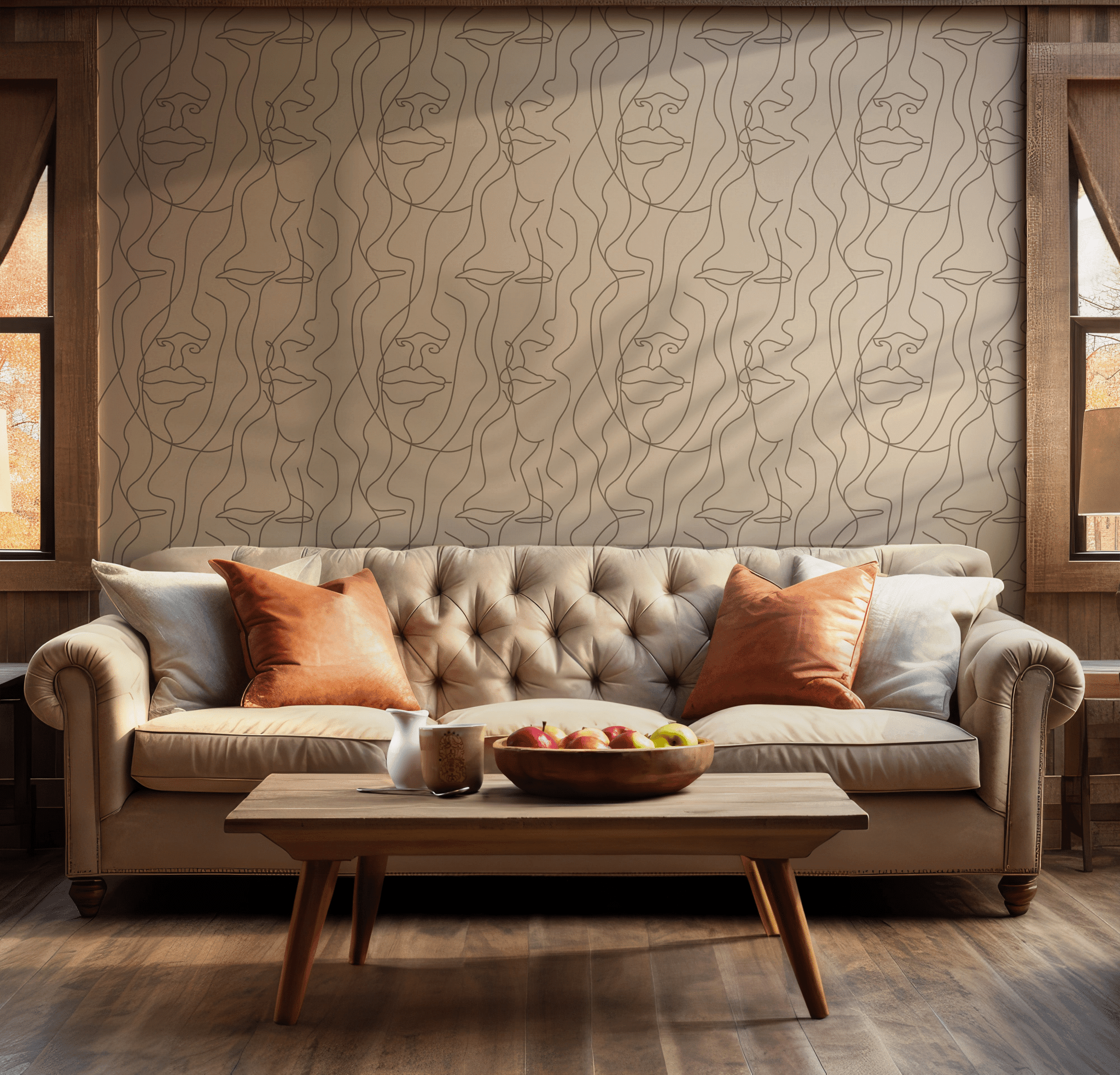 Beige Neutral Wallpaper - Removable Peel and Stick - Line Art Faces Aesthetic BV323