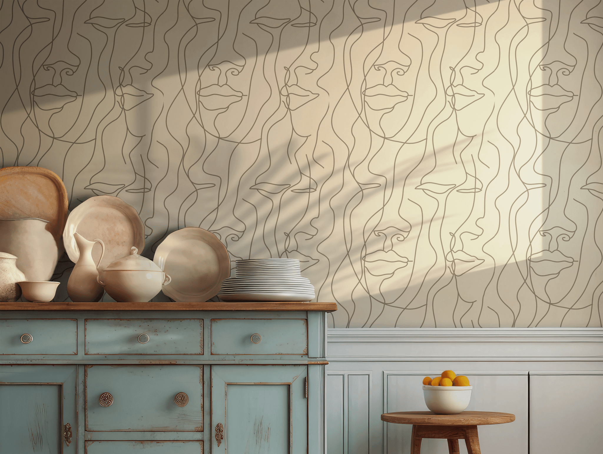 Beige Neutral Wallpaper - Removable Peel and Stick - Line Art Faces Aesthetic BV323