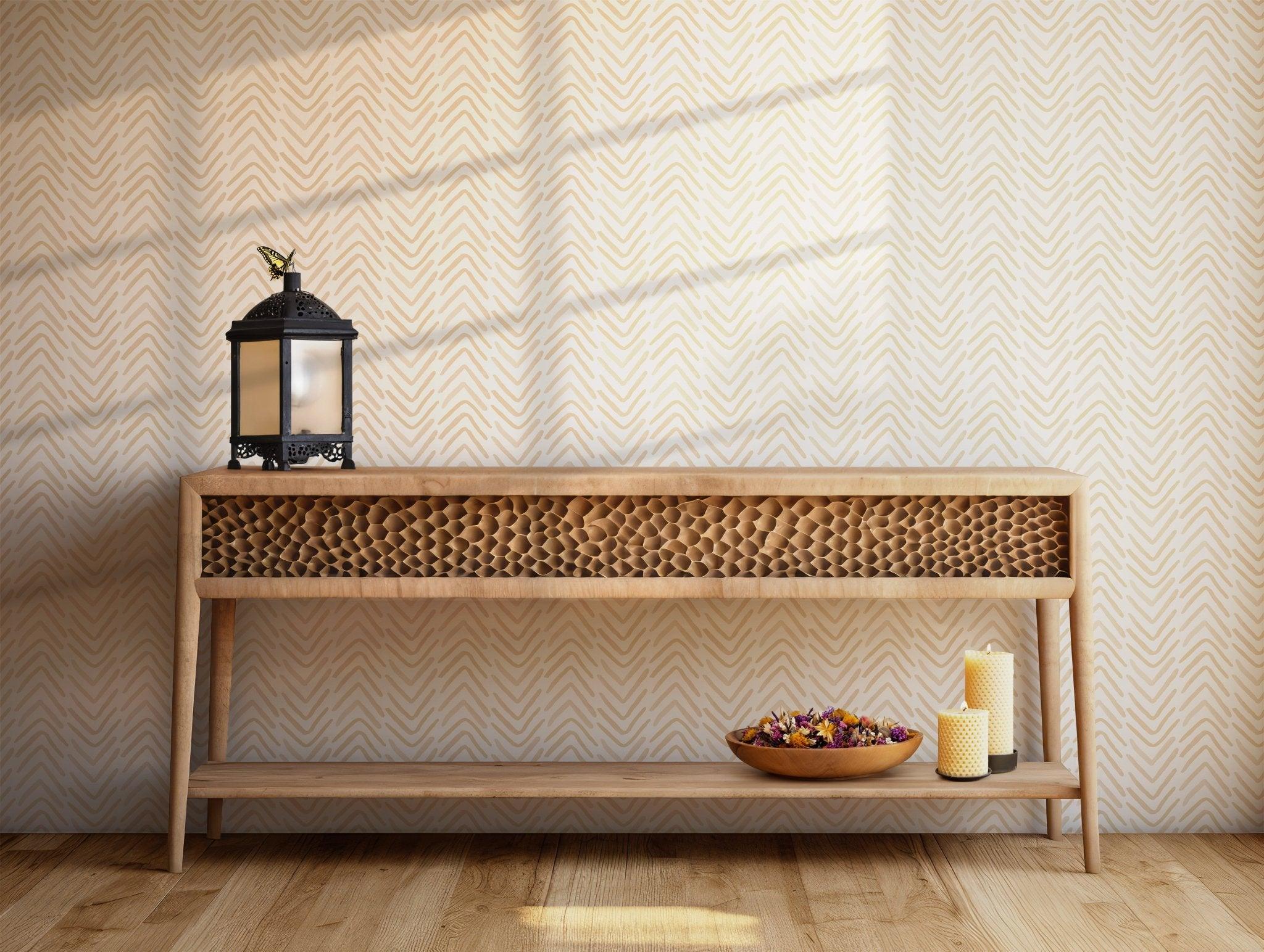 Beige Tan Boho Wallpaper - Self Adhesive - Creamy White Organic Chevron Herringbone BV082
