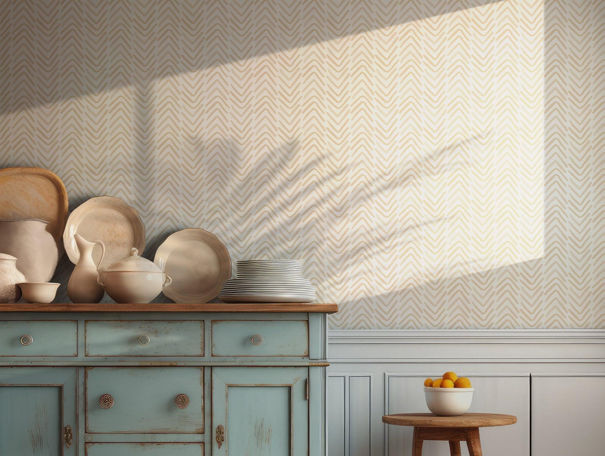 Beige Tan Boho Wallpaper - Self Adhesive - Creamy White Organic Chevron Herringbone BV082