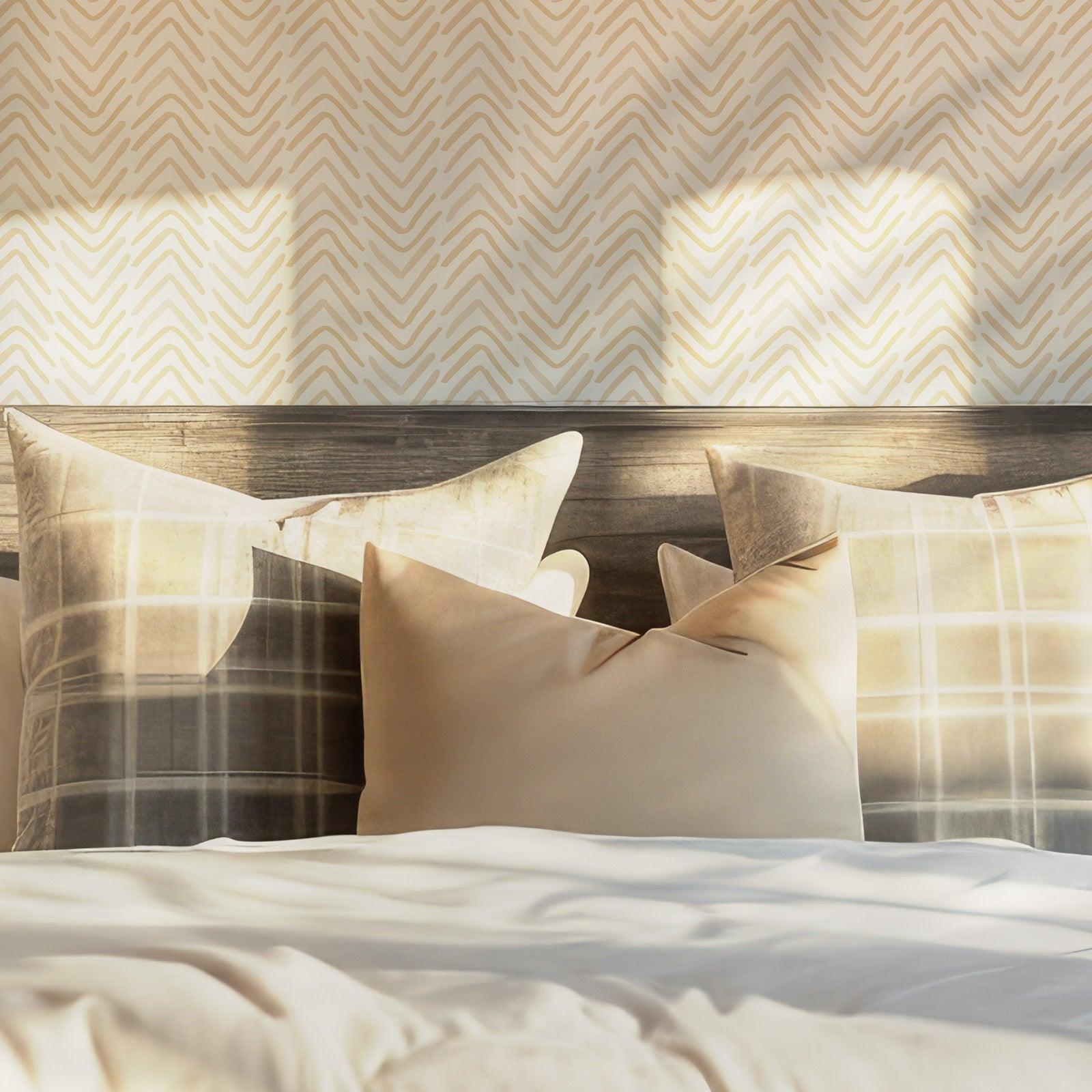 Beige Tan Boho Wallpaper - Self Adhesive - Creamy White Organic Chevron Herringbone BV082