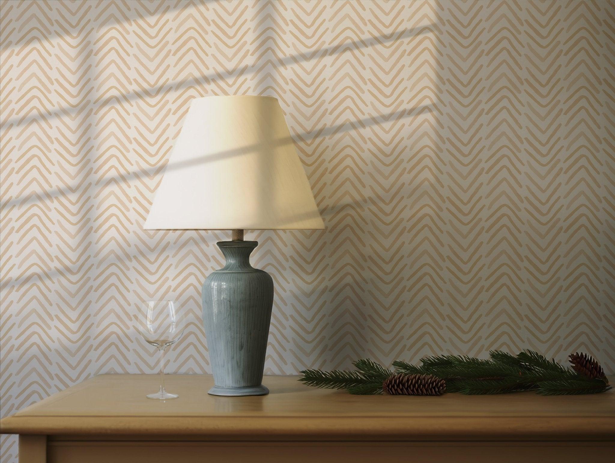 Beige Tan Boho Wallpaper - Self Adhesive - Creamy White Organic Chevron Herringbone BV082
