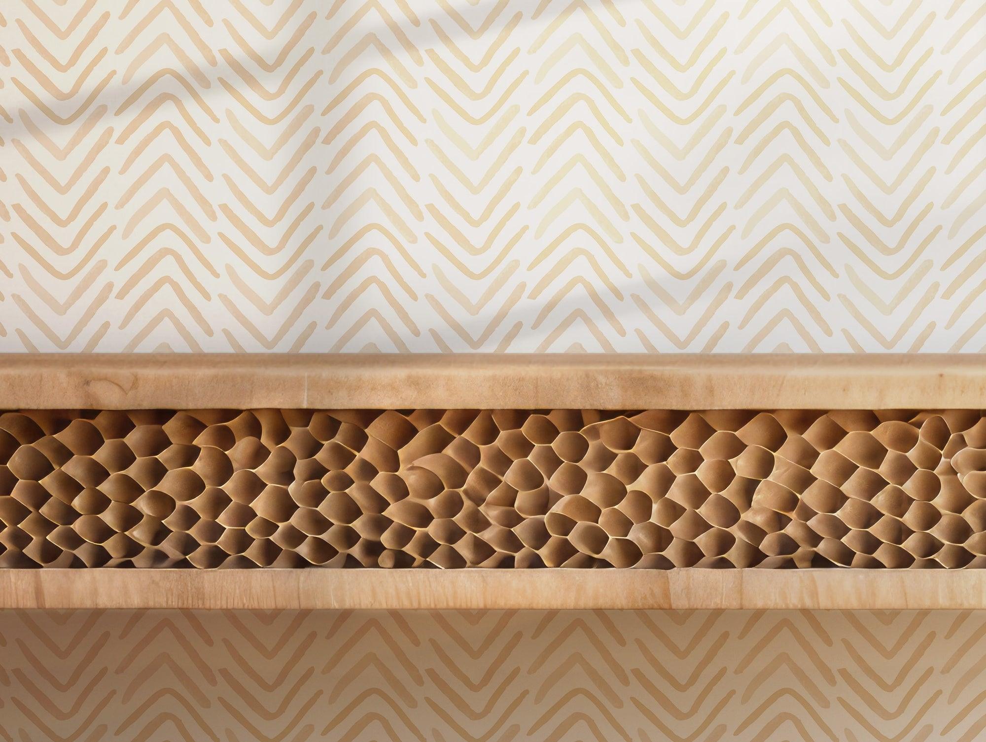 Beige Tan Boho Wallpaper - Self Adhesive - Creamy White Organic Chevron Herringbone BV082