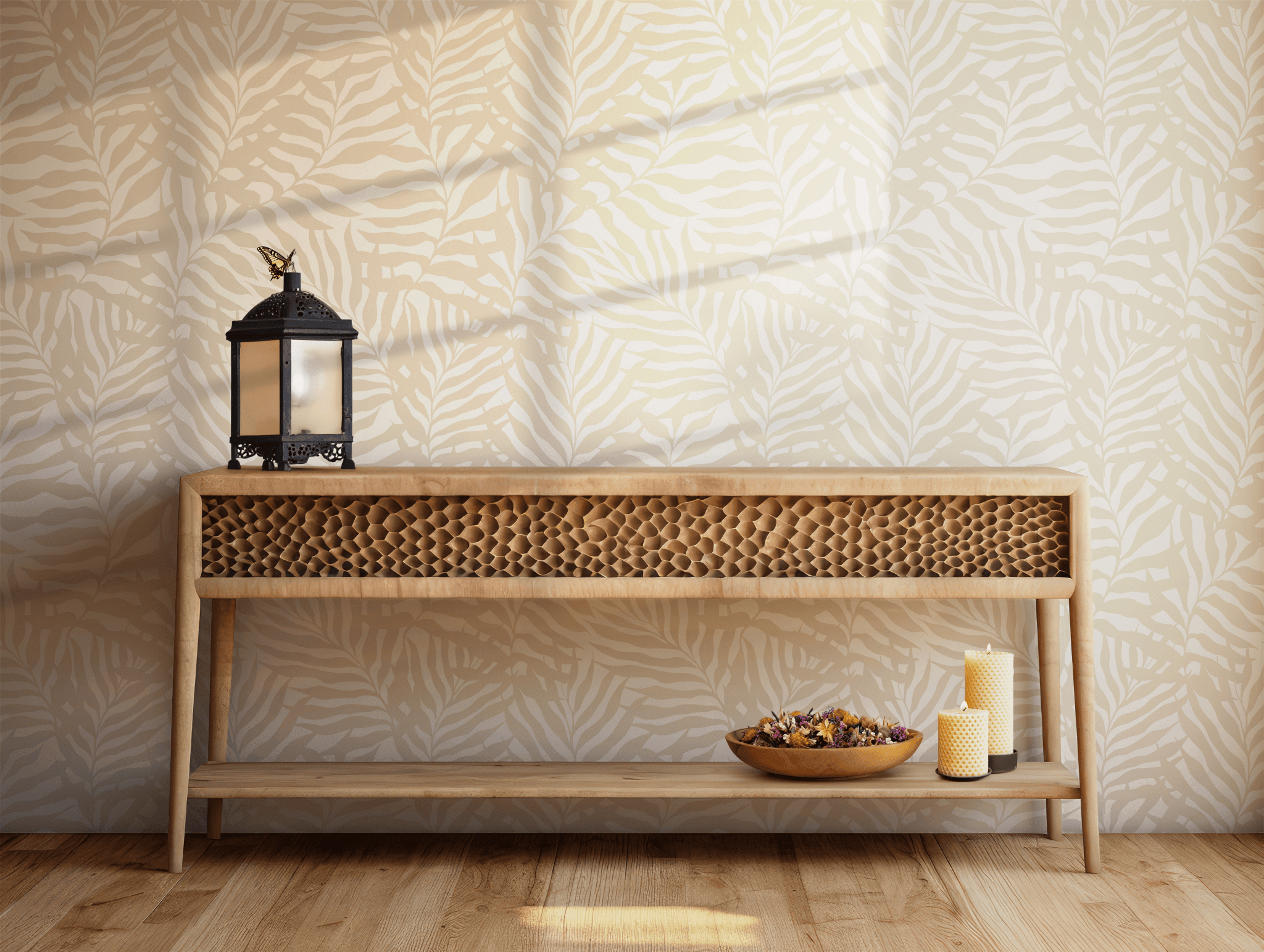 Beige Tropical Palm Removable Wallpaper - Self Adhesive Peel and Stick - Coastal Leaf Botanical BV316