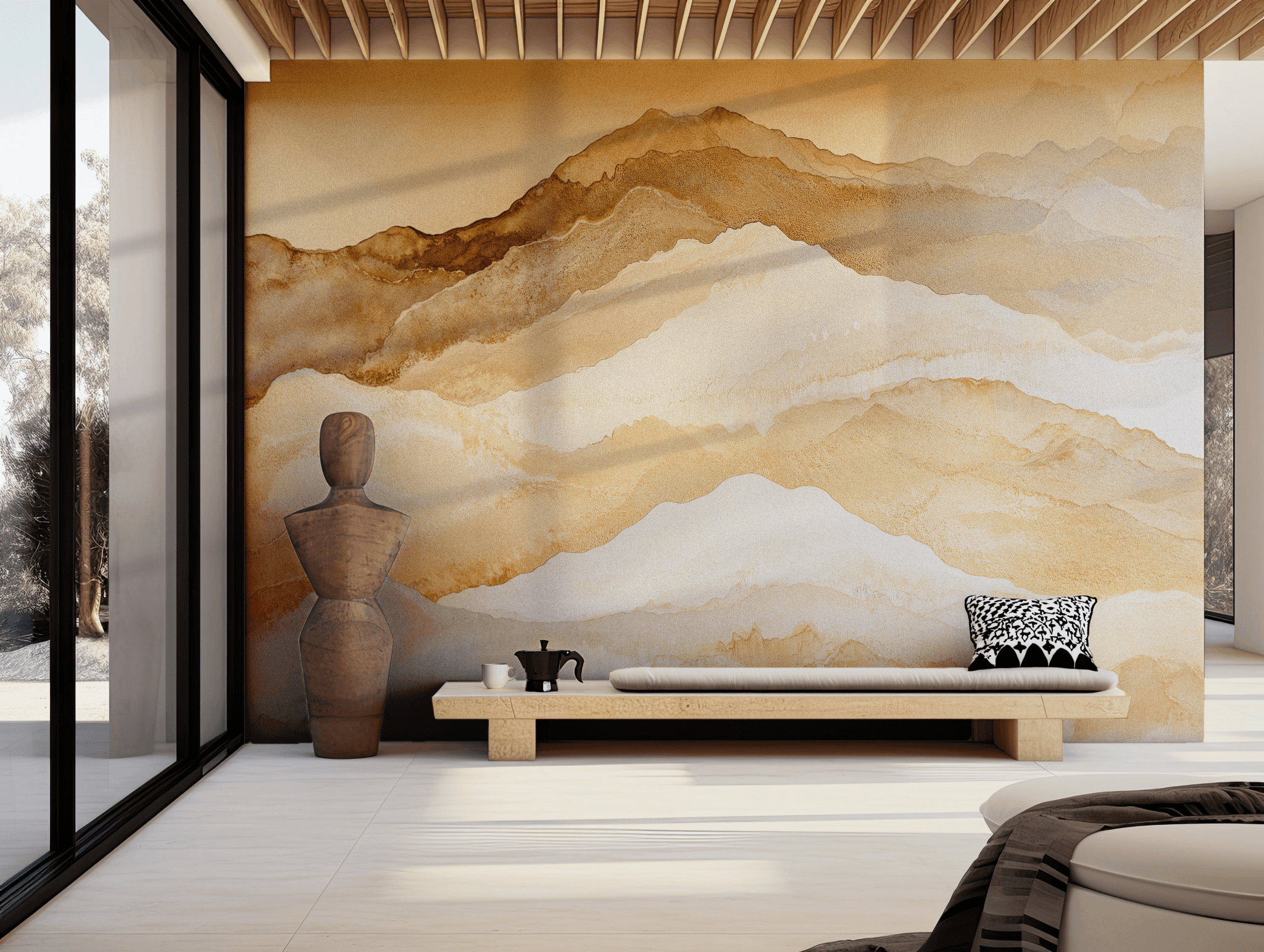 Beige Watercolor Mountain Wallpaper - Removable Peel and Stick Wall Mural - Soft Earthy Tones BV317