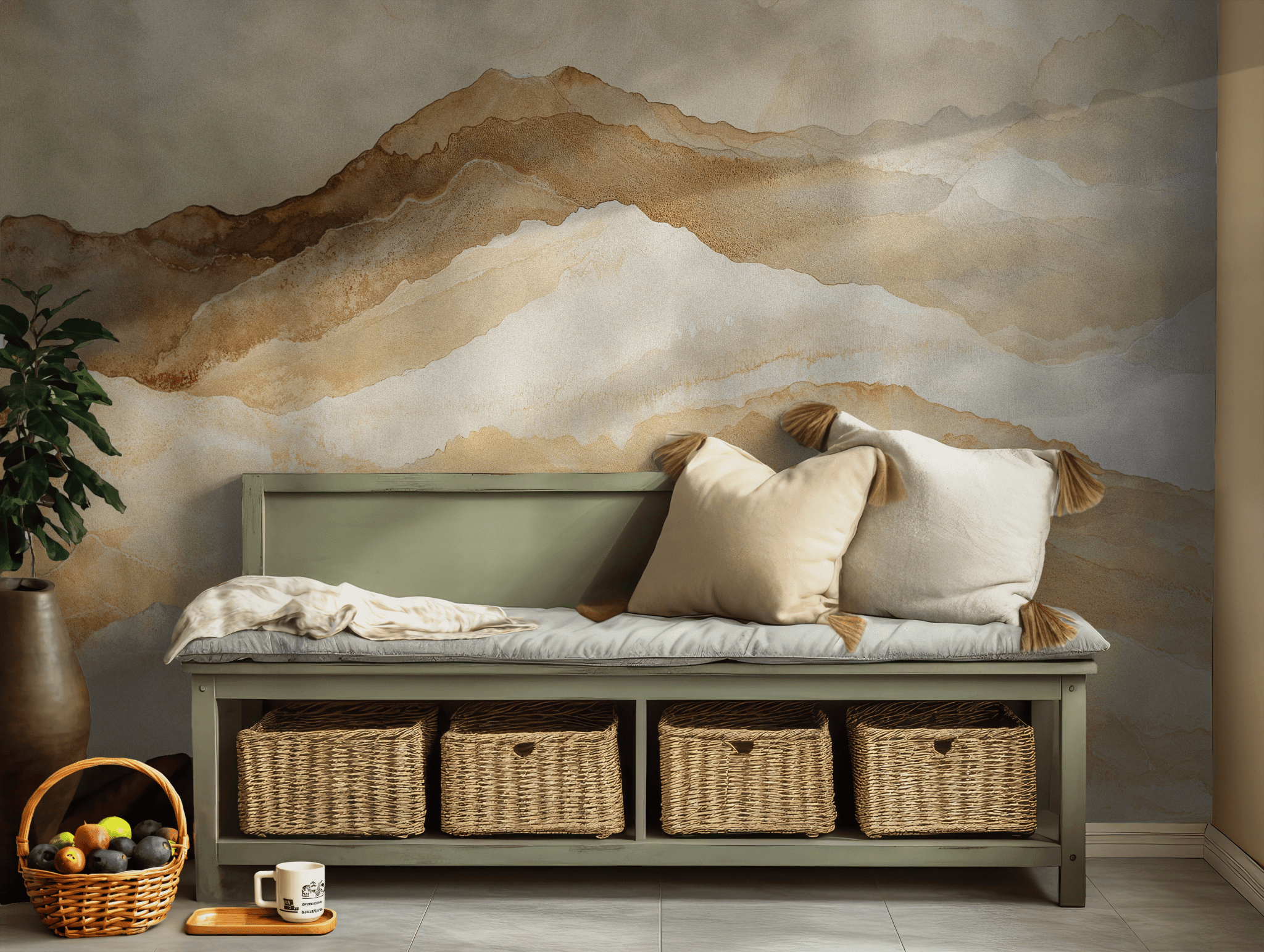 Beige Watercolor Mountain Wallpaper - Removable Peel and Stick Wall Mural - Soft Earthy Tones BV317