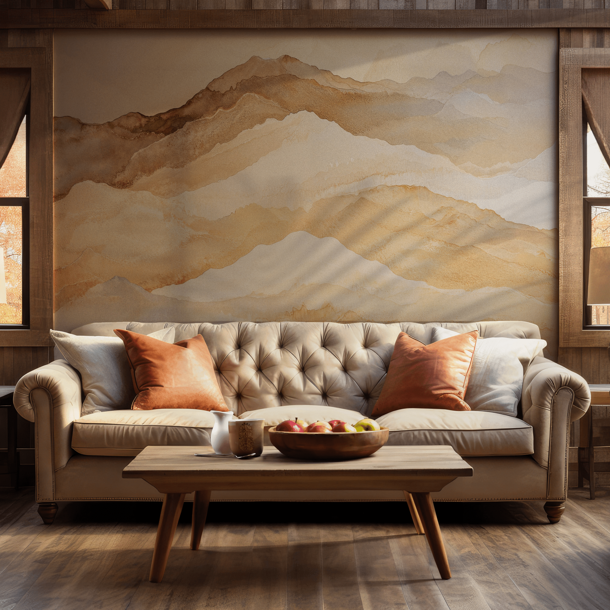 Beige Watercolor Mountain Wallpaper - Removable Peel and Stick Wall Mural - Soft Earthy Tones BV317