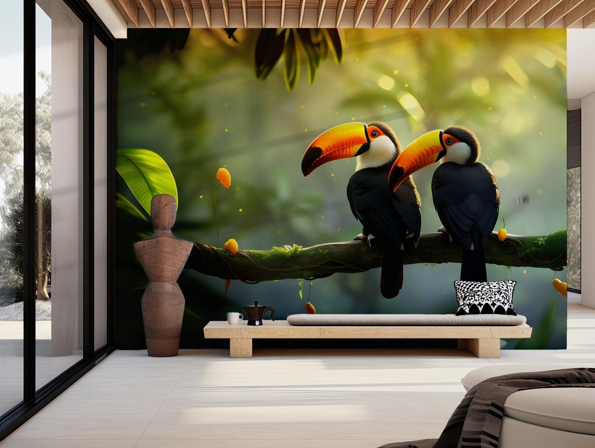 Bird Love Wall Mural - Peel and Stick Wallpaper - Colorful Toucan Beak Rainforest Amazon BV219