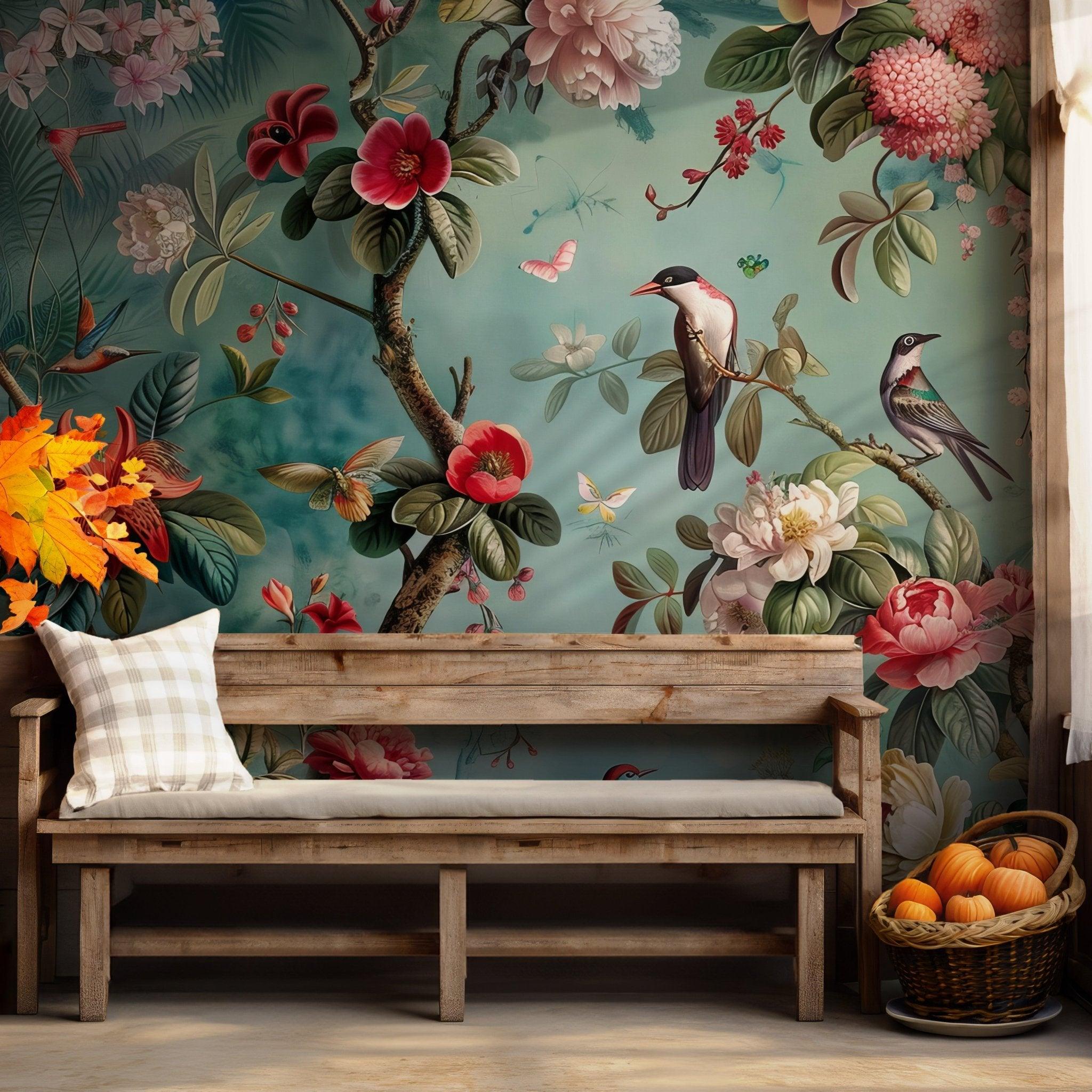 Birds Floral Wallpaper - Removable Peel and Stick Wall Mural - Nature Vintage Chinese Style BV108