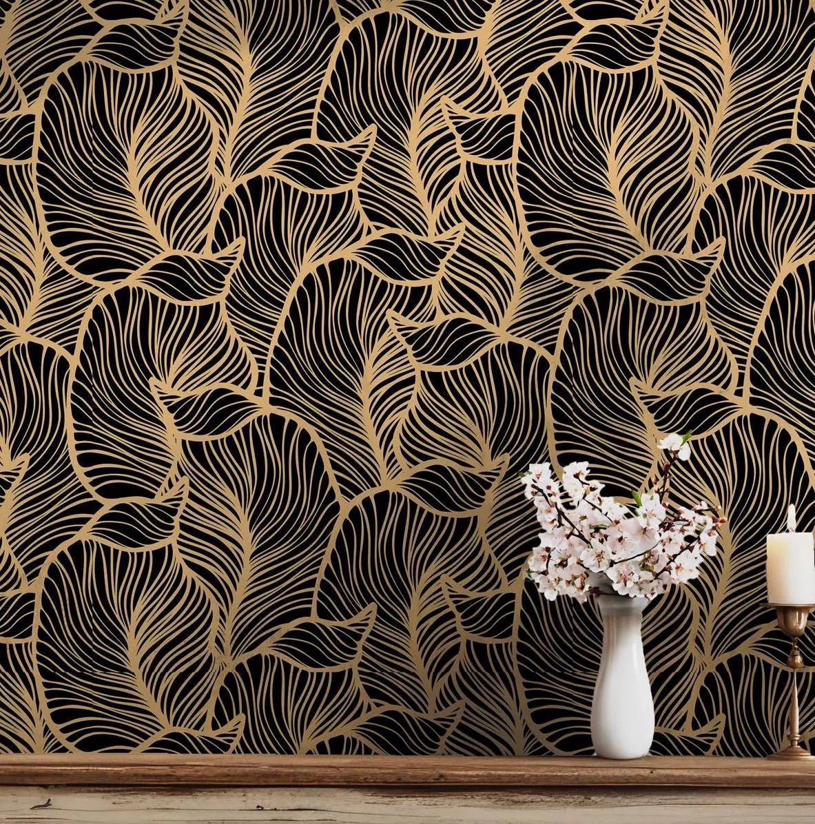Black and Gold Wallpaper - Self Adhesive Peel and Stick - Modern Abstract Leaf Pattern Contemporary BV248