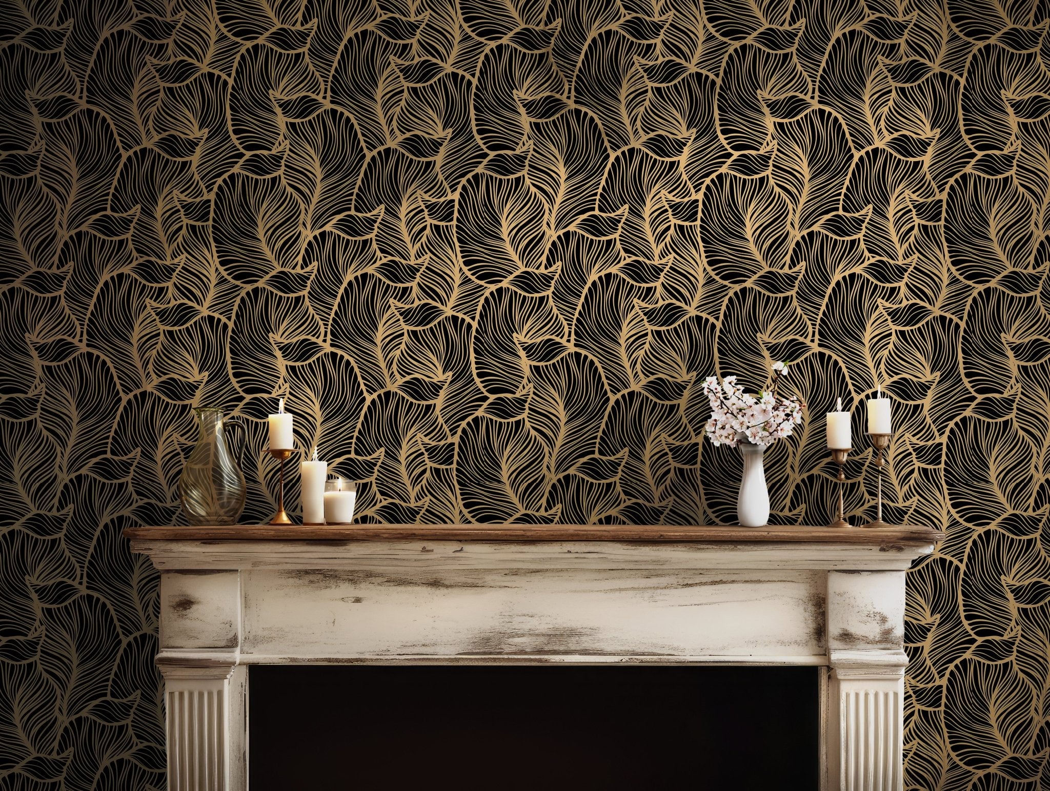 Black and Gold Wallpaper - Self Adhesive Peel and Stick - Modern Abstract Leaf Pattern Contemporary BV248