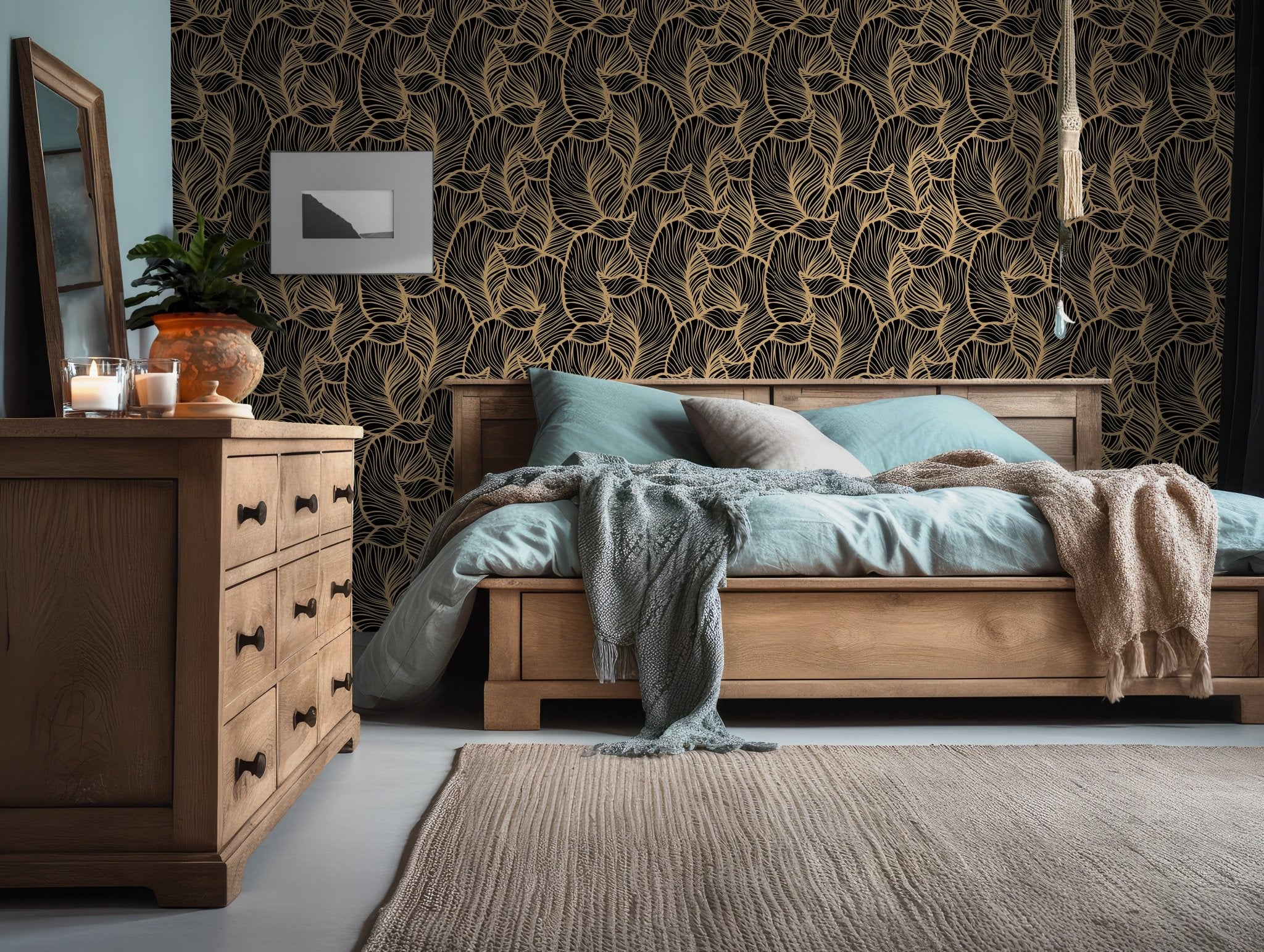 Black and Gold Wallpaper - Self Adhesive Peel and Stick - Modern Abstract Leaf Pattern Contemporary BV248