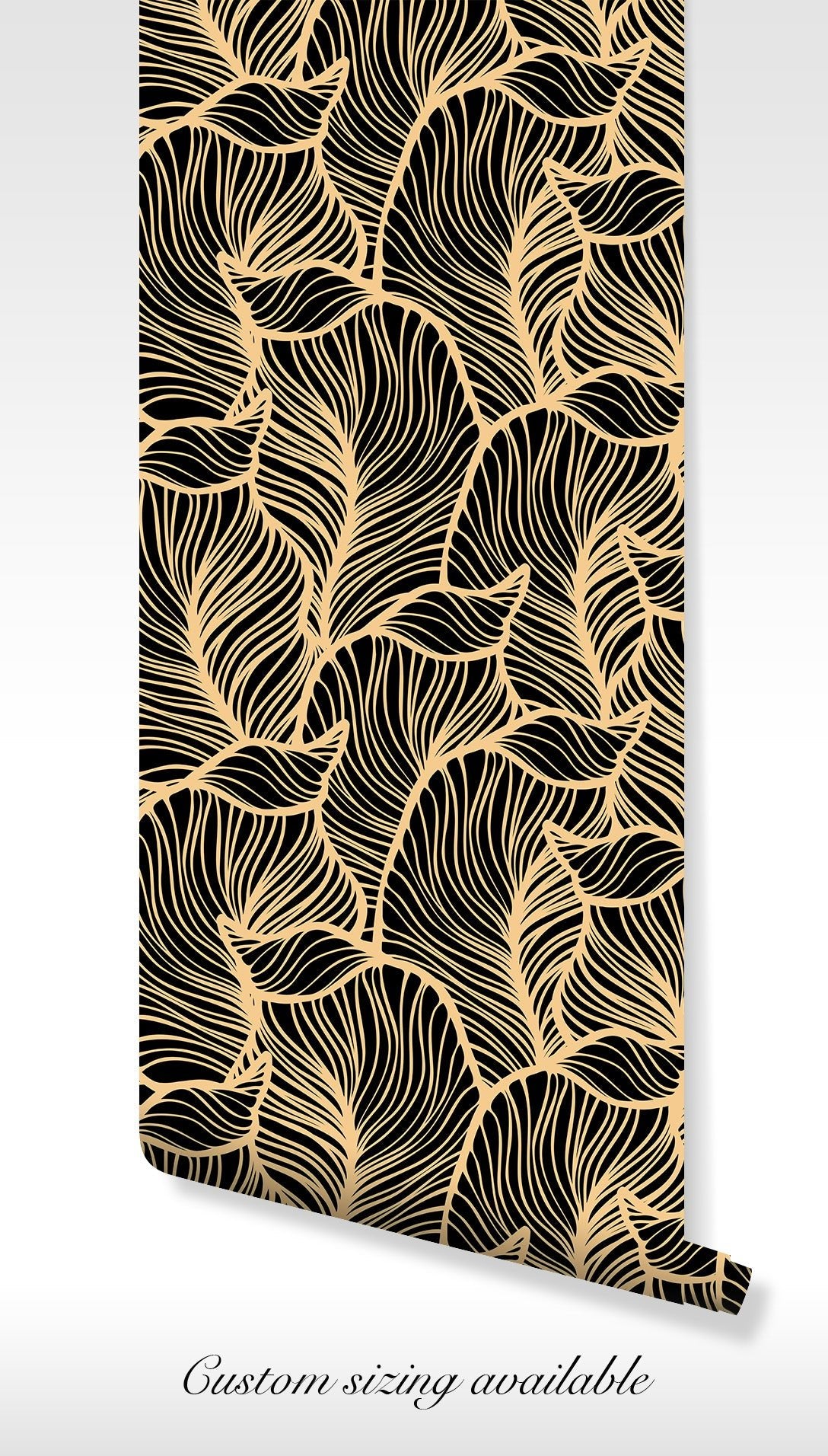 Black and Gold Wallpaper - Self Adhesive Peel and Stick - Modern Abstract Leaf Pattern Contemporary BV248