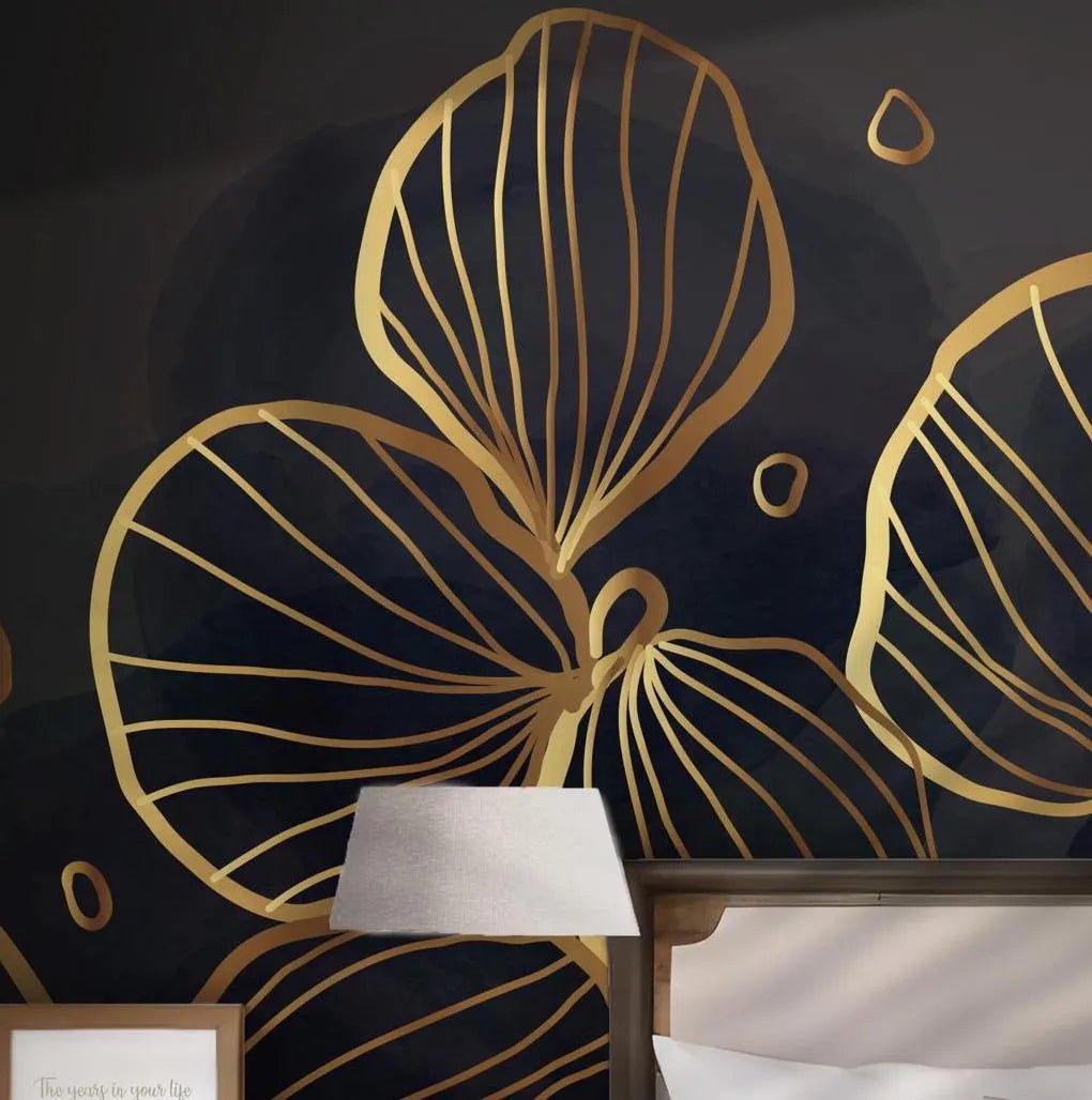 Black and Gold Floral Wallpaper - Peel and Stick Wall Mural - Golden Metallic Deep Black BV292