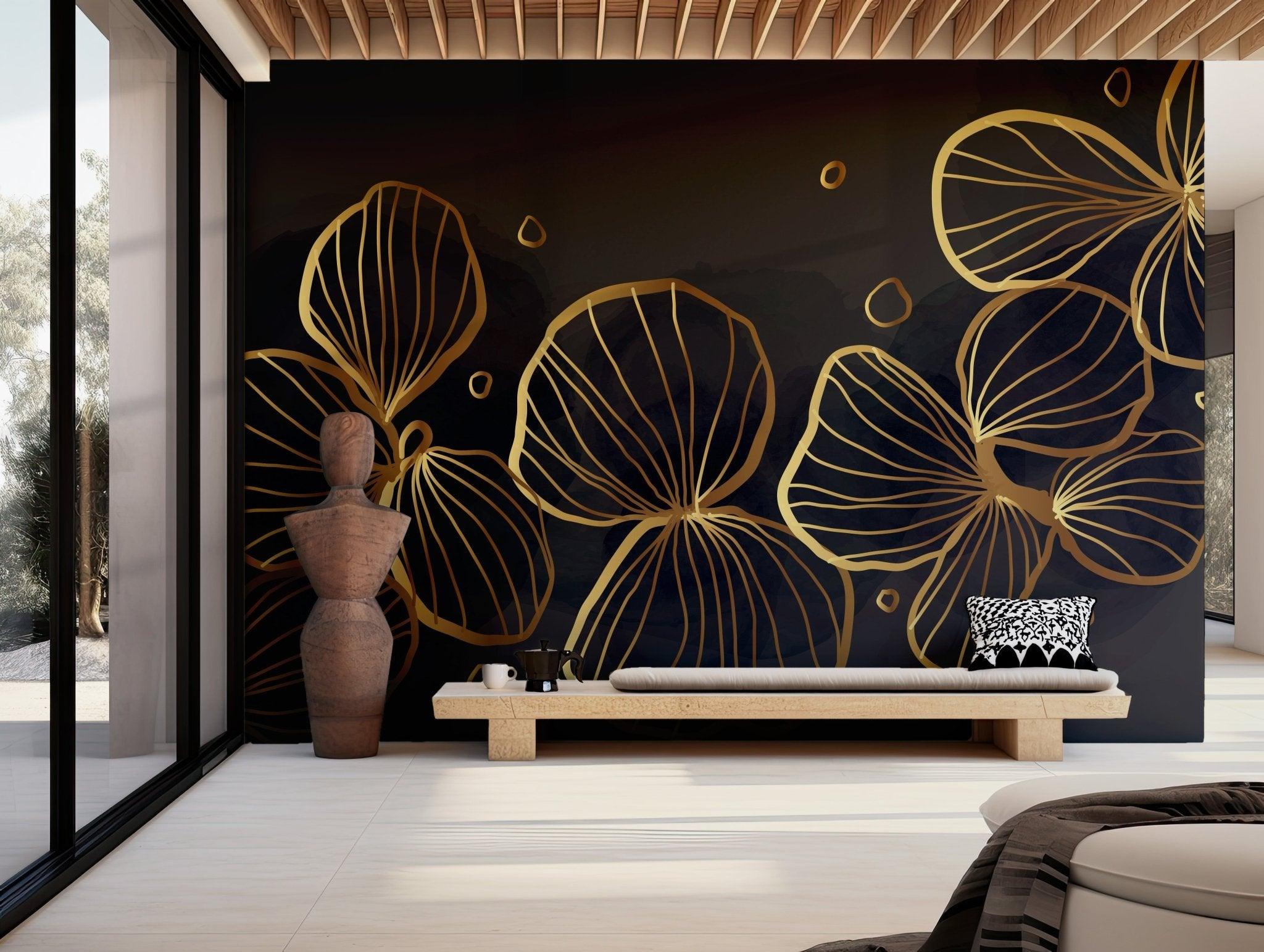 Black and Gold Floral Wallpaper - Peel and Stick Wall Mural - Golden Metallic Deep Black BV292