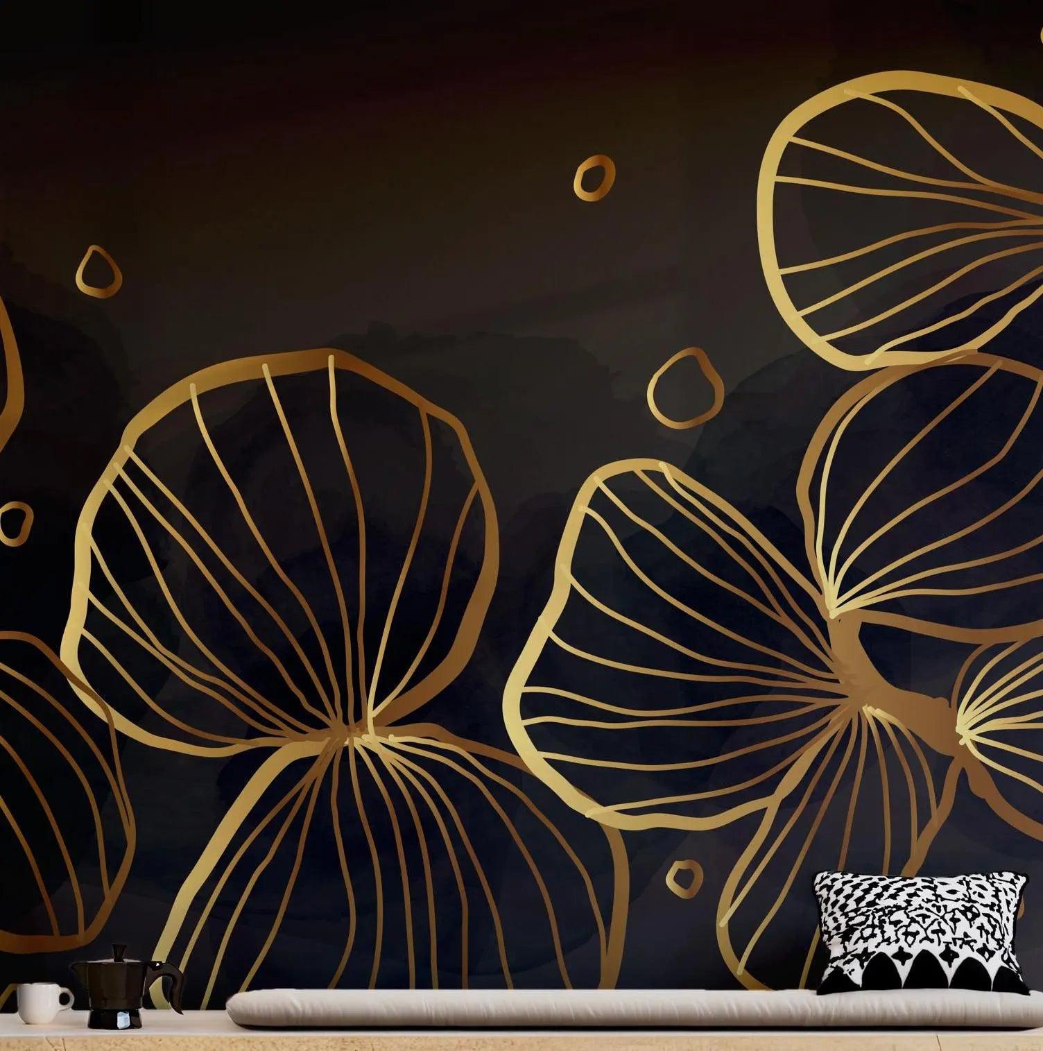 Black and Gold Floral Wallpaper - Peel and Stick Wall Mural - Golden Metallic Deep Black BV292