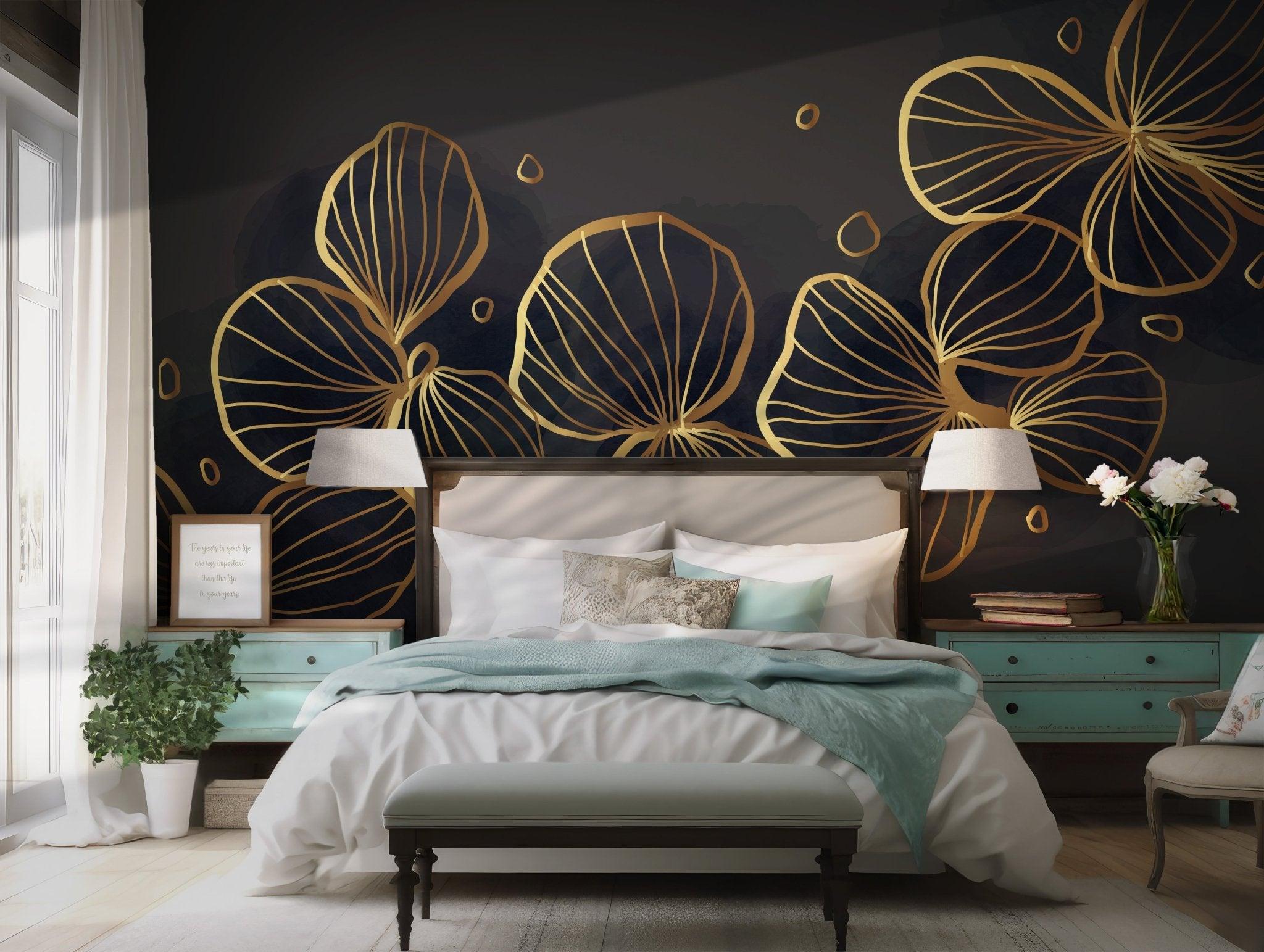 Black and Gold Floral Wallpaper - Peel and Stick Wall Mural - Golden Metallic Deep Black BV292