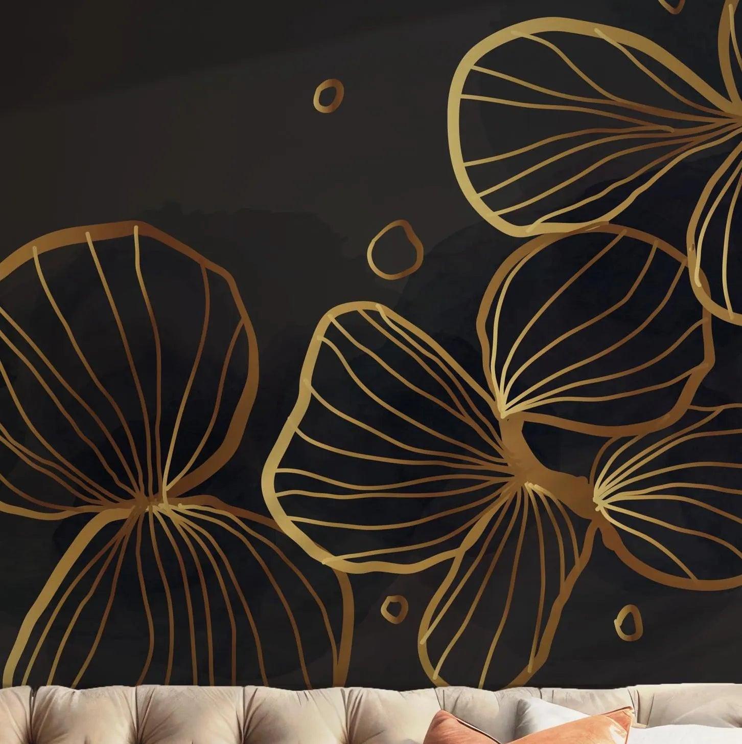Black and Gold Floral Wallpaper - Peel and Stick Wall Mural - Golden Metallic Deep Black BV292
