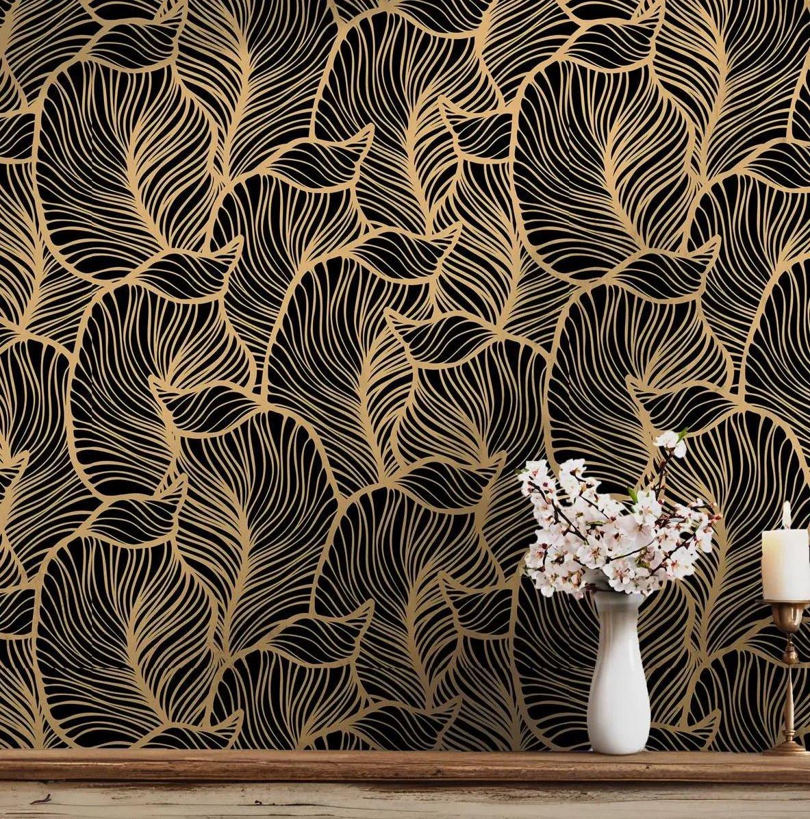 Black and Gold Wallpaper - Self Adhesive Peel and Stick - Modern Abstract Leaf Pattern Contemporary BV248