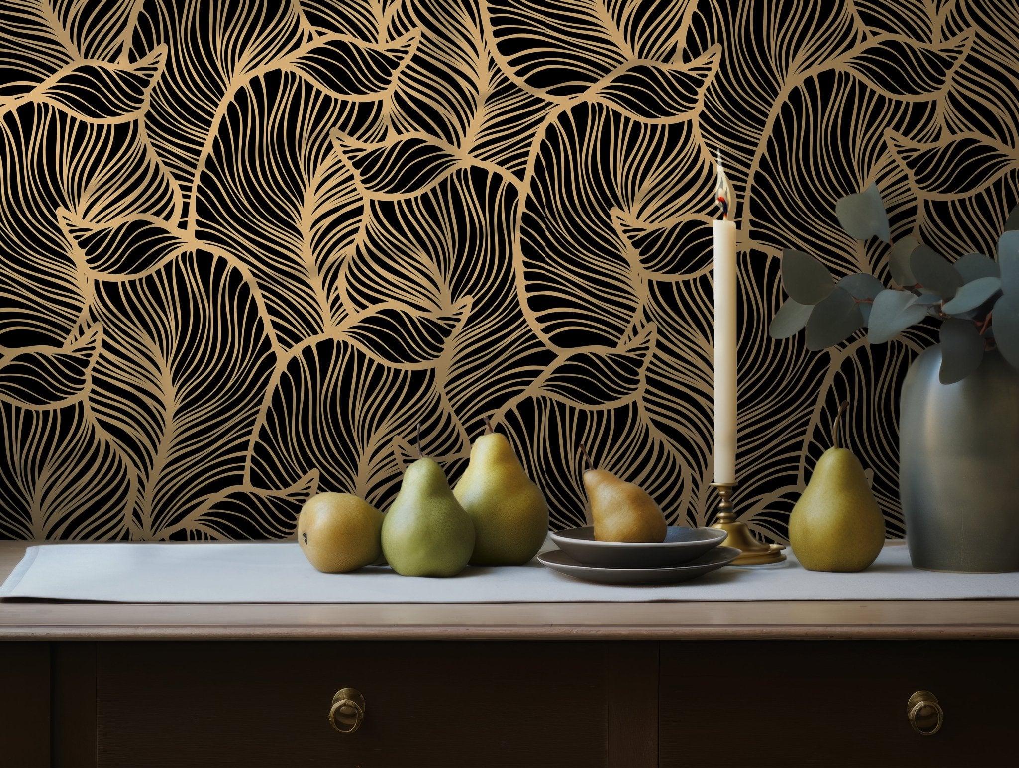 Black and Gold Wallpaper - Self Adhesive Peel and Stick - Modern Abstract Leaf Pattern Contemporary BV248