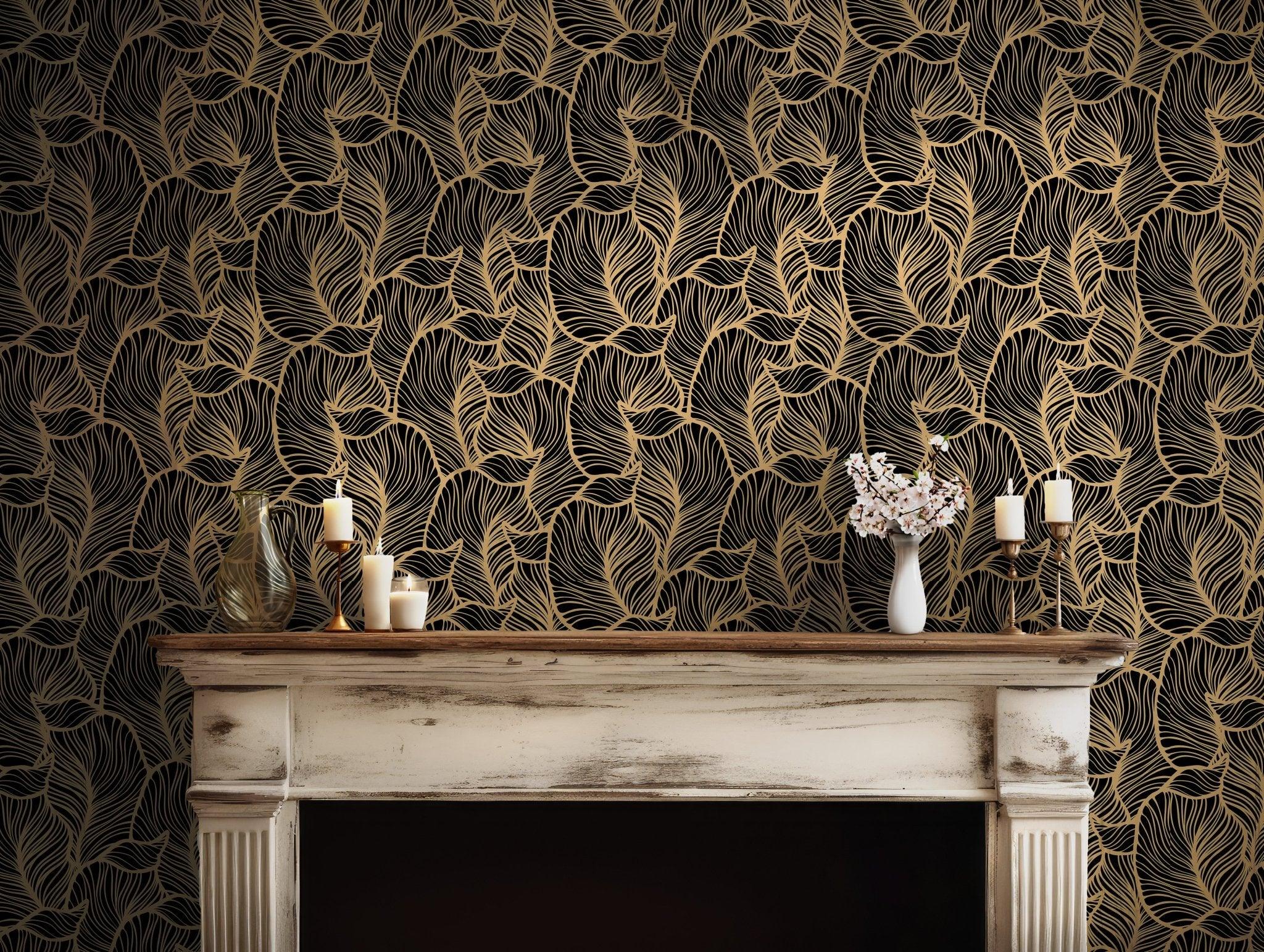 Black and Gold Wallpaper - Self Adhesive Peel and Stick - Modern Abstract Leaf Pattern Contemporary BV248