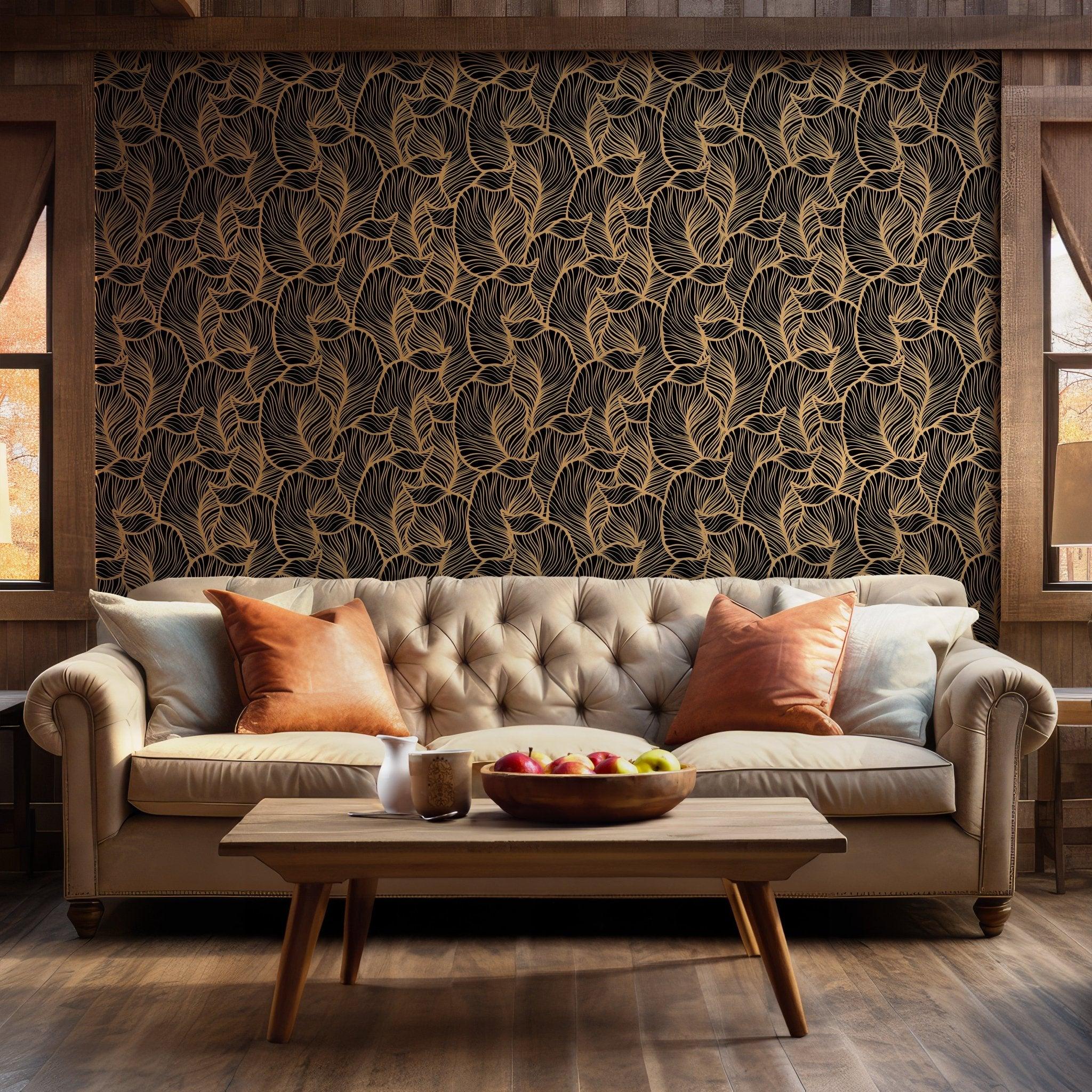 Black and Gold Wallpaper - Self Adhesive Peel and Stick - Modern Abstract Leaf Pattern Contemporary BV248