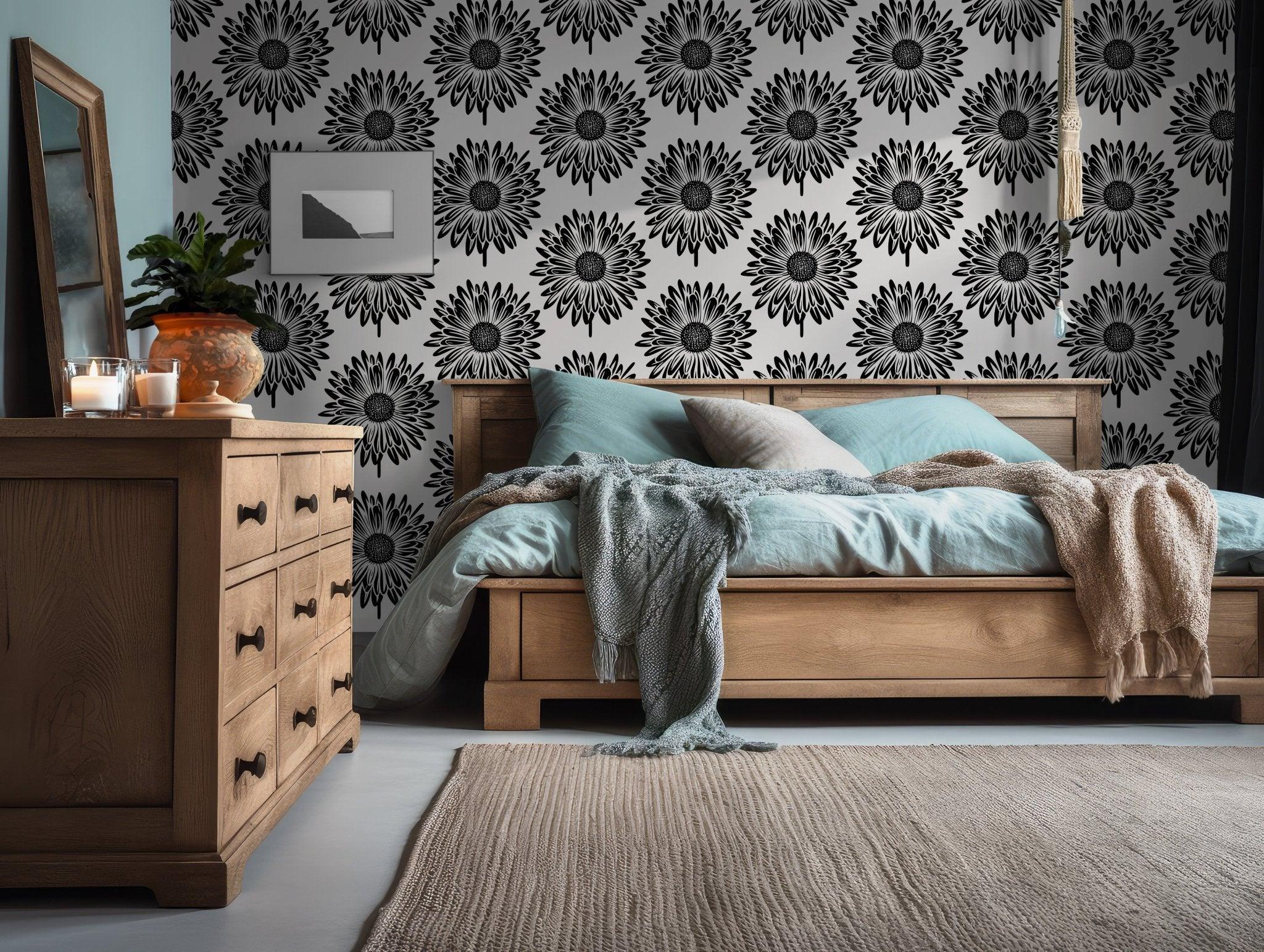Black and White Bold Sunflower Wallpaper - Peel and Stick Wall Mural - Floral Artistic Bloom BV289