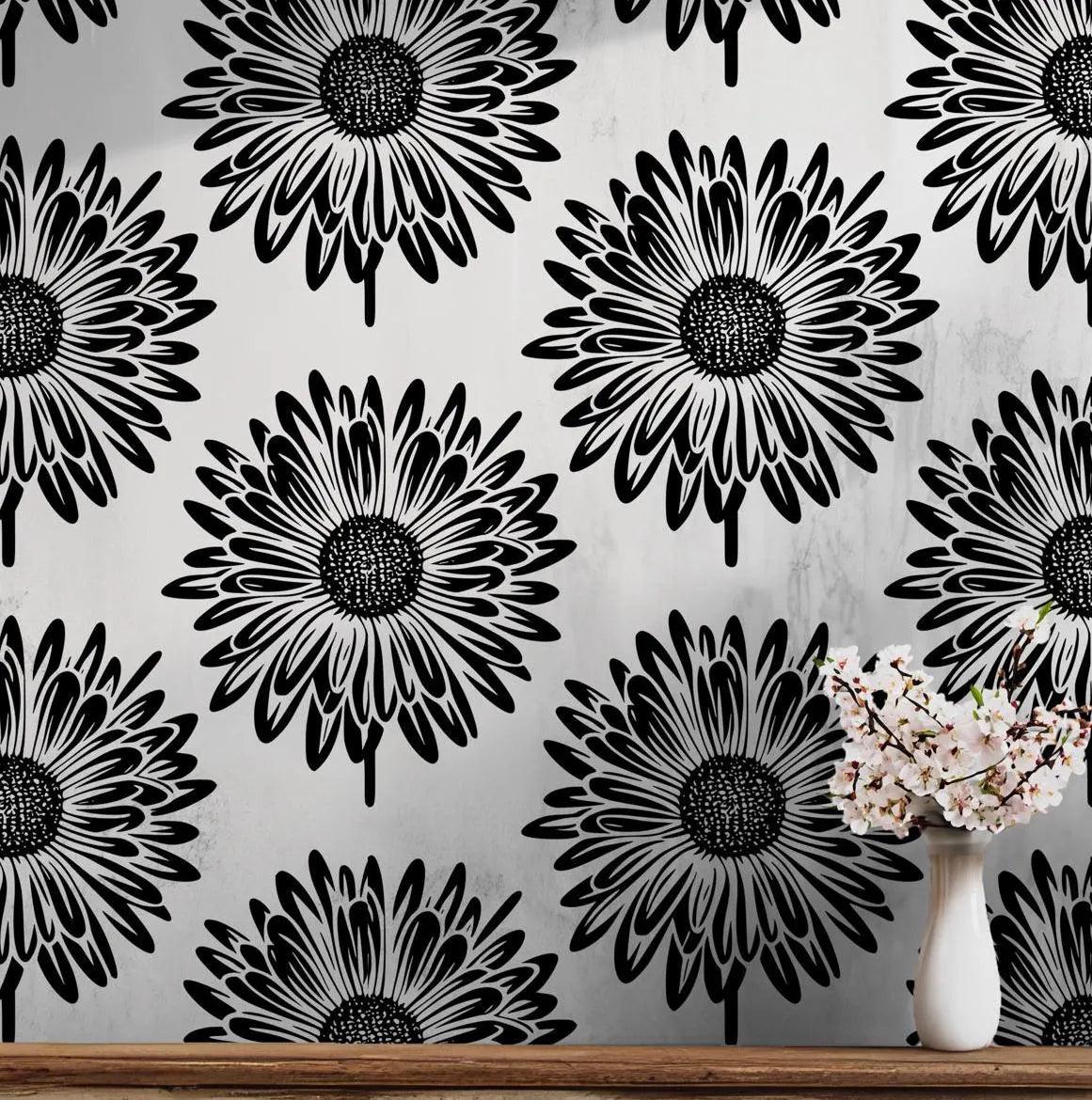 Black and White Bold Sunflower Wallpaper - Peel and Stick Wall Mural - Floral Artistic Bloom BV289