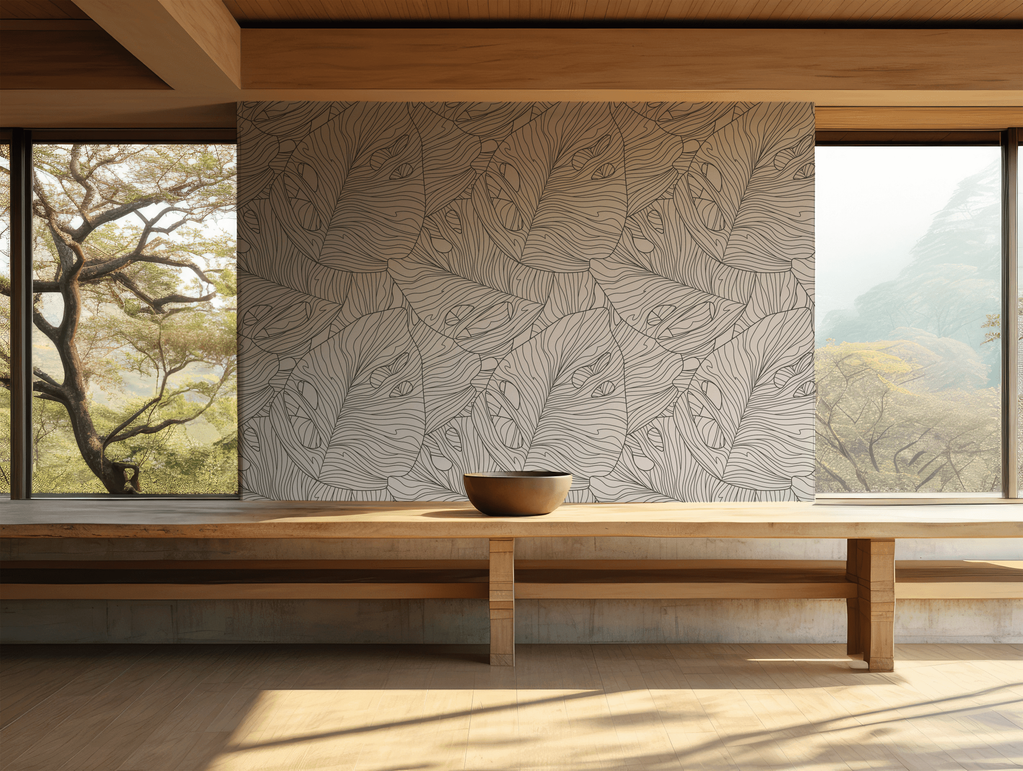 Black and White Leaf Wallpaper - Peel and Stick - Monstera Line Art Tropical Botanical BV329