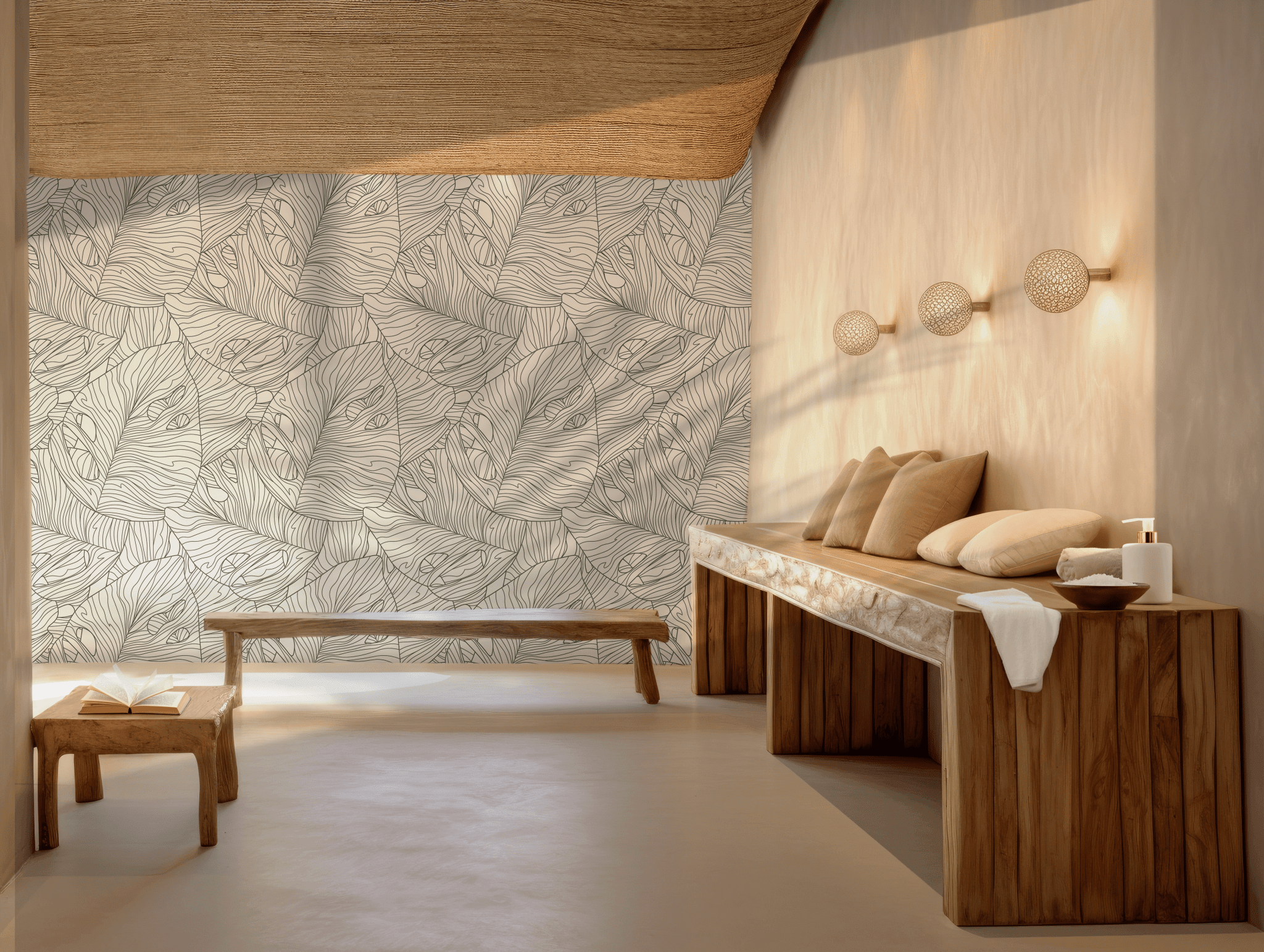 Black and White Leaf Wallpaper - Peel and Stick - Monstera Line Art Tropical Botanical BV329