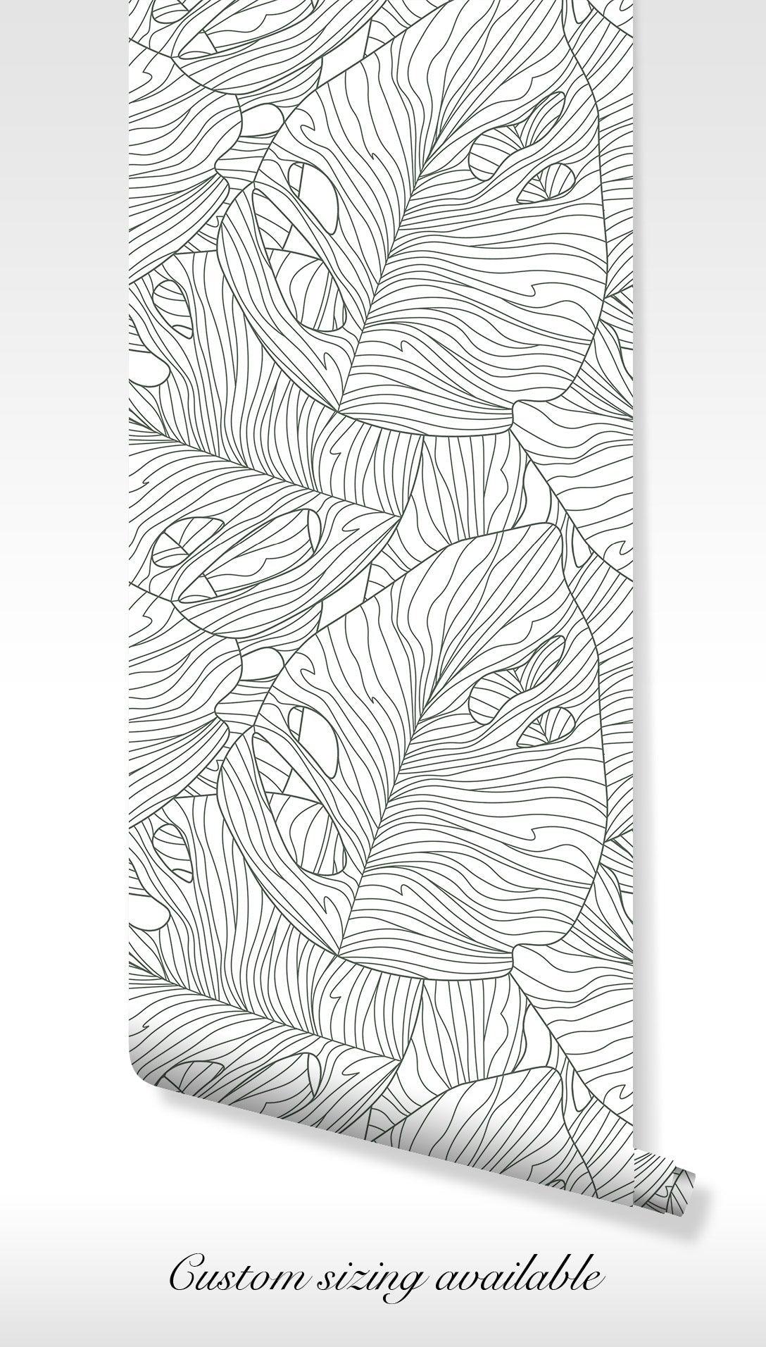Black and White Leaf Wallpaper - Peel and Stick - Monstera Line Art Tropical Botanical BV329