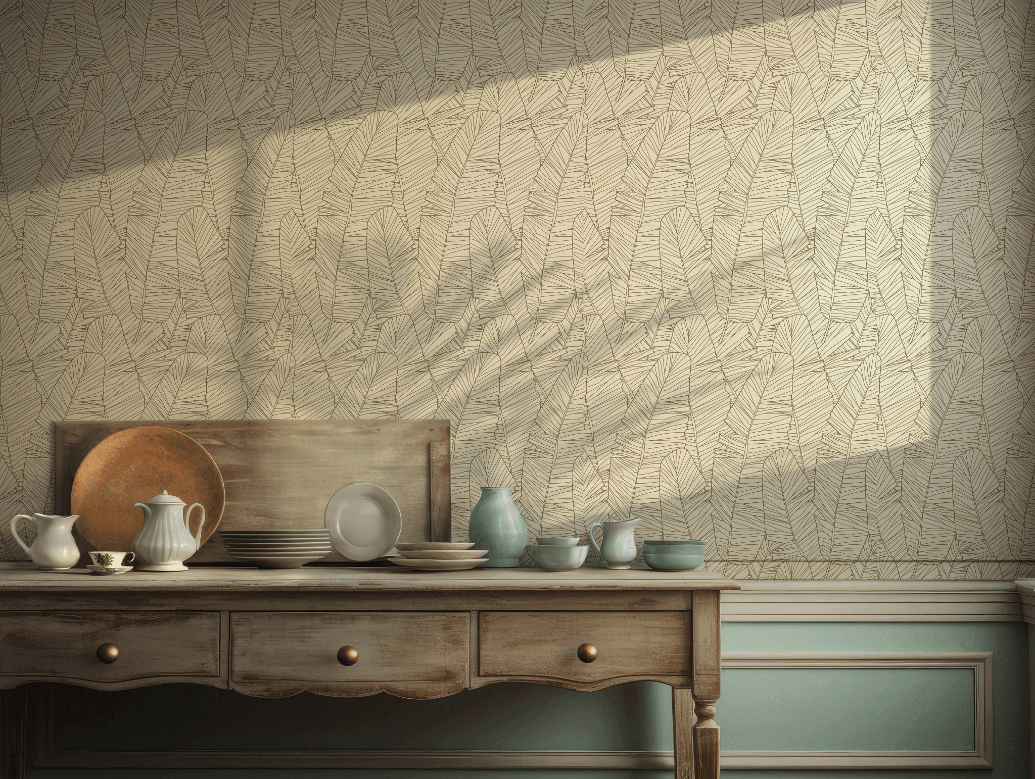 Black and White Leaf Wallpaper - Self Adhesive Temporary - Banana Line Art Tropical Nature BV318