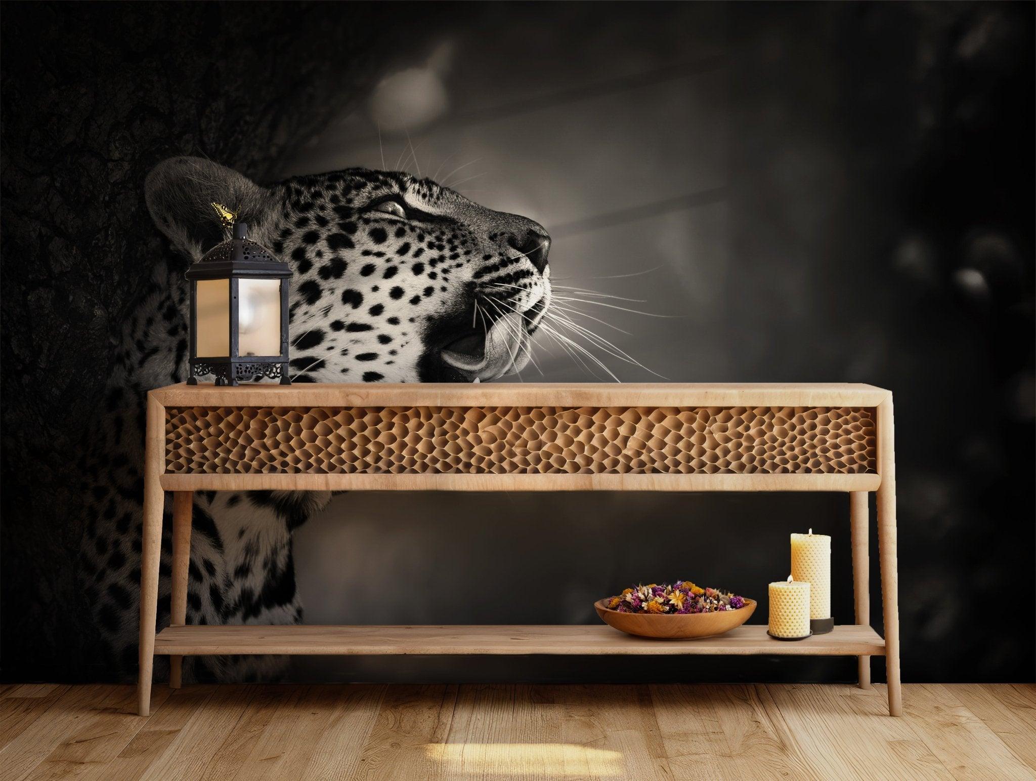 Black and White Leopard Wallpaper - Self Adhesive Peel and Stick Wall Mural - Portrait Elegant Nature BV251