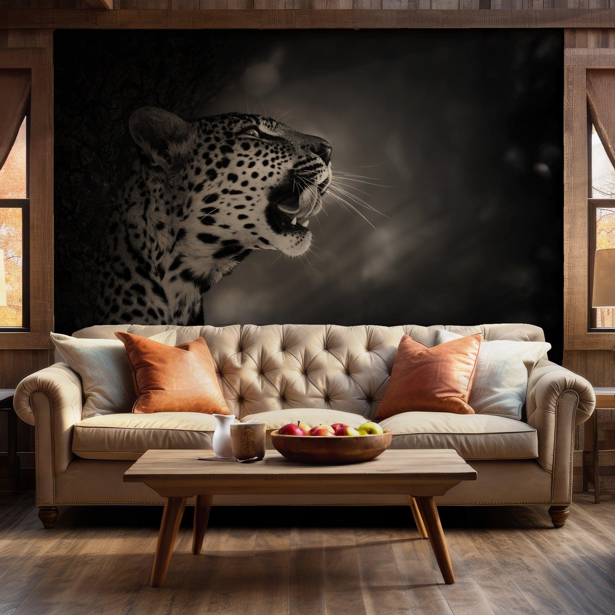 Black and White Leopard Wallpaper - Self Adhesive Peel and Stick Wall Mural - Portrait Elegant Nature BV251