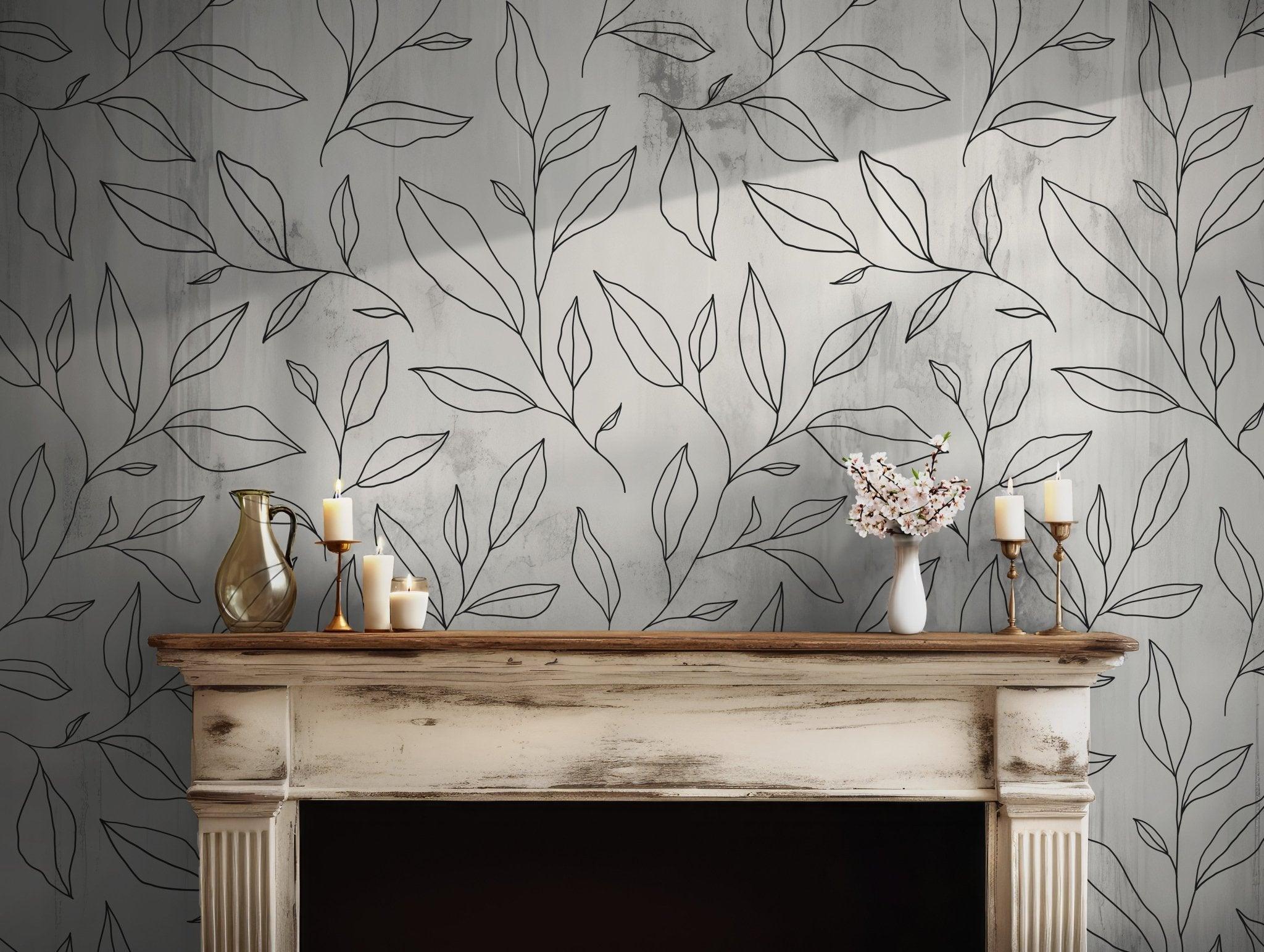 Black and White Line Art Wallpaper - Self Adhesive Peel and Stick - Mural Botanical Leaf Branch BV182