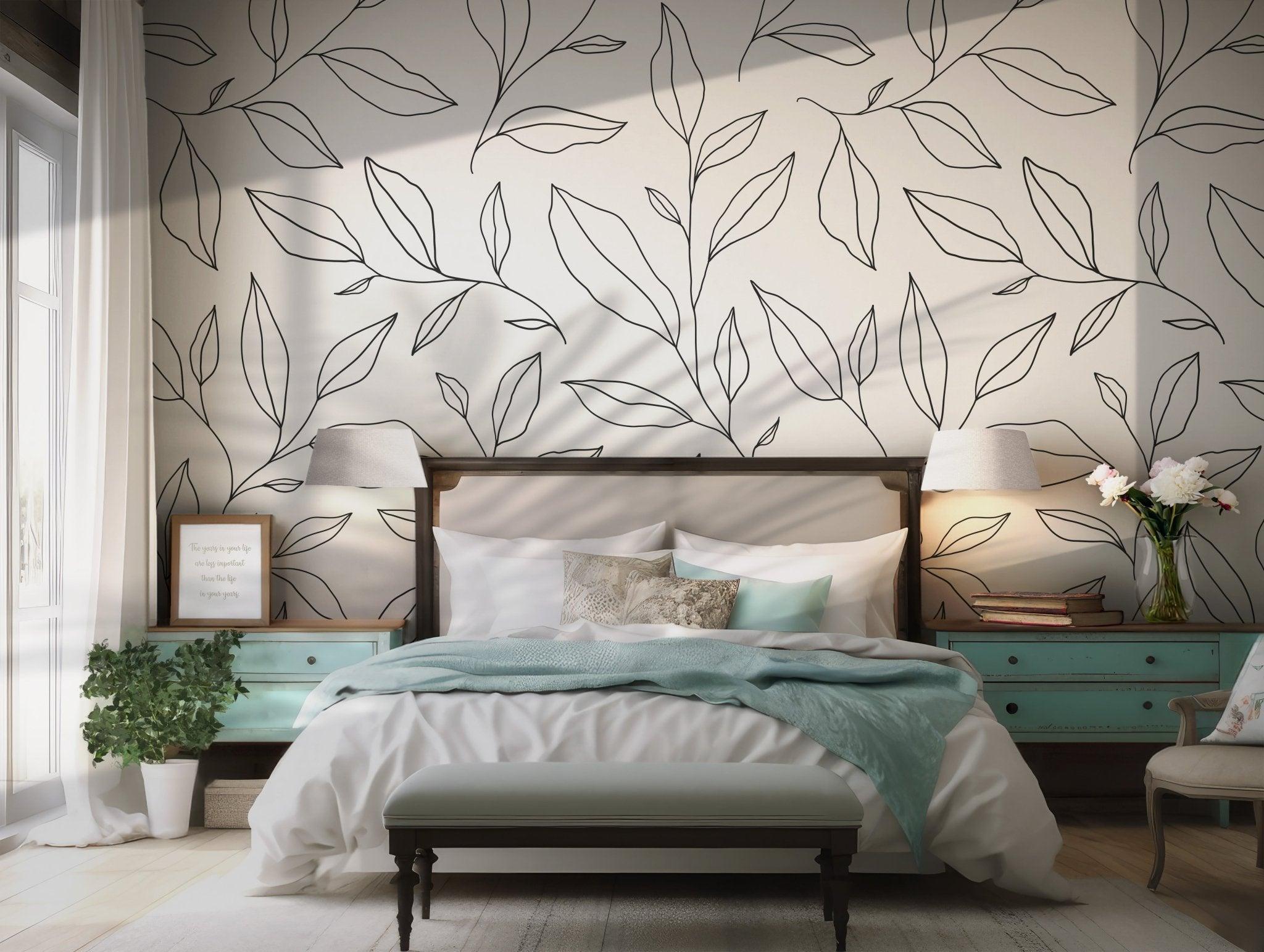 Black and White Line Art Wallpaper - Self Adhesive Peel and Stick - Mural Botanical Leaf Branch BV182
