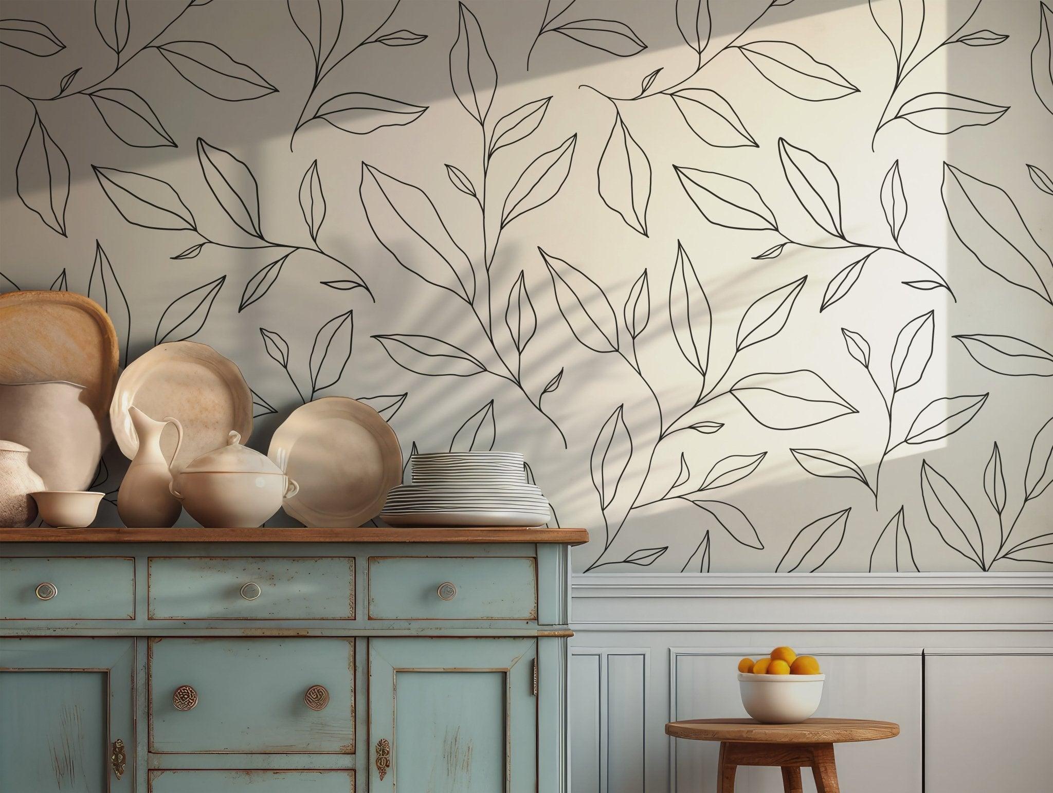 Black and White Line Art Wallpaper - Self Adhesive Peel and Stick - Mural Botanical Leaf Branch BV182