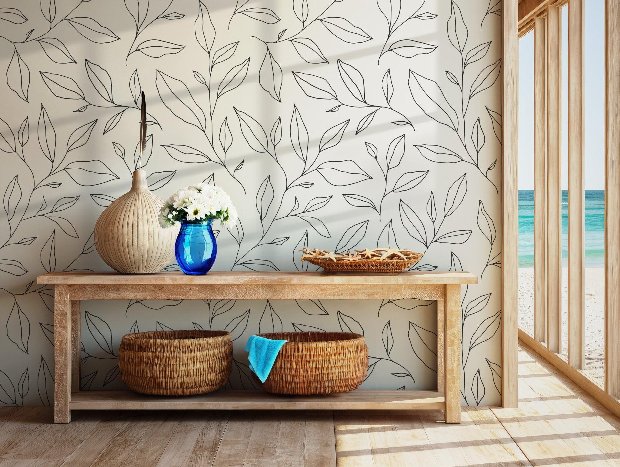 Black and White Line Art Wallpaper - Self Adhesive Peel and Stick - Mural Botanical Leaf Branch BV182
