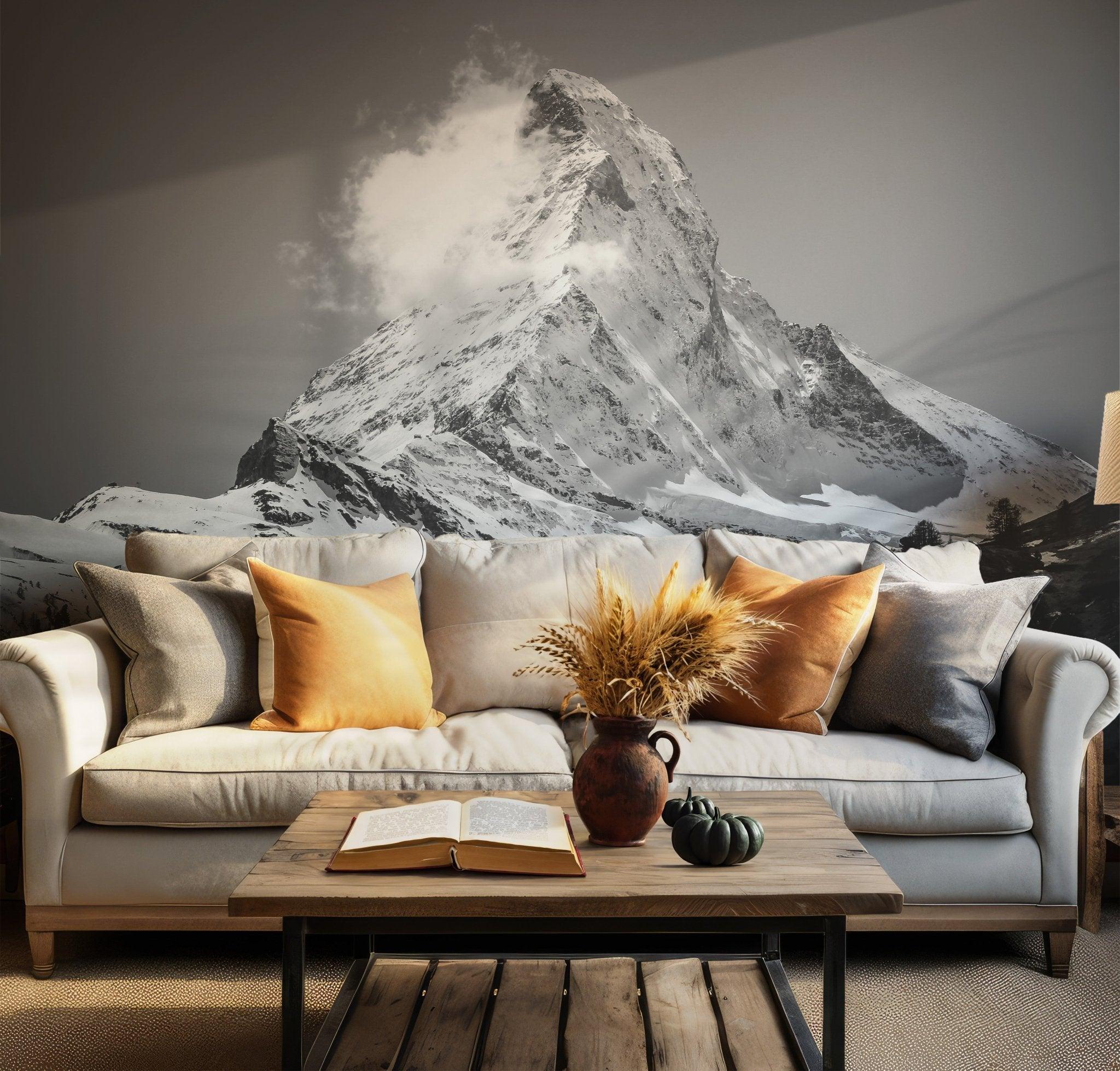 Black and White Mountain Wallpaper - Self Adhesive Peel and Stick Wall Mural - Snowy Peak Majestic BV253