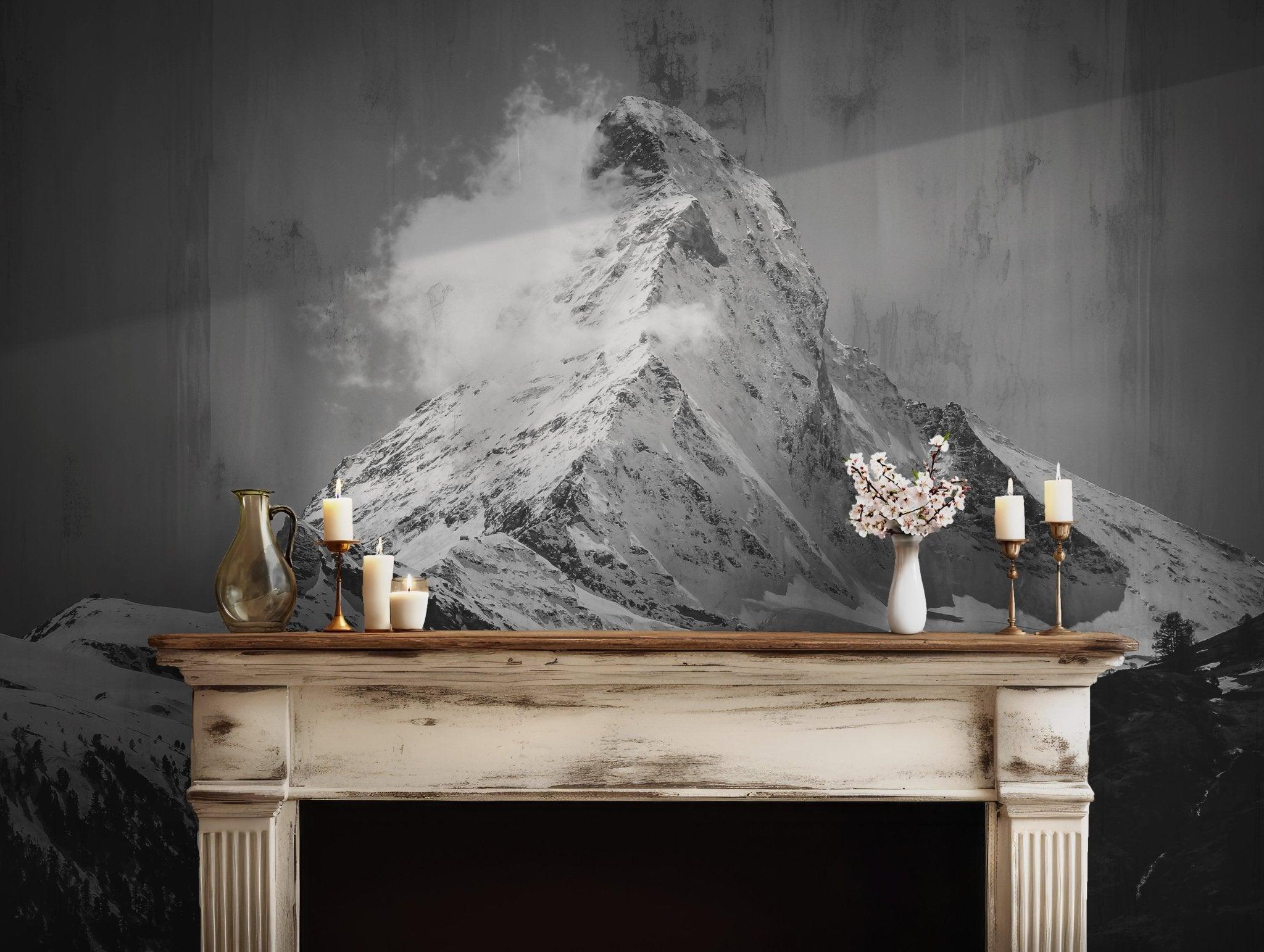 Black and White Mountain Wallpaper - Self Adhesive Peel and Stick Wall Mural - Snowy Peak Majestic BV253