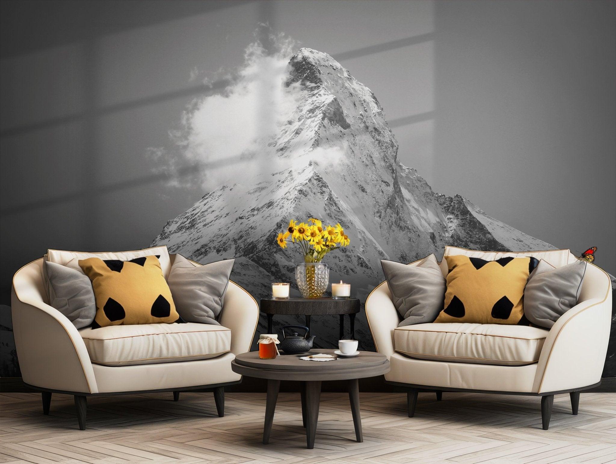 Black and White Mountain Wallpaper - Self Adhesive Peel and Stick Wall Mural - Snowy Peak Majestic BV253