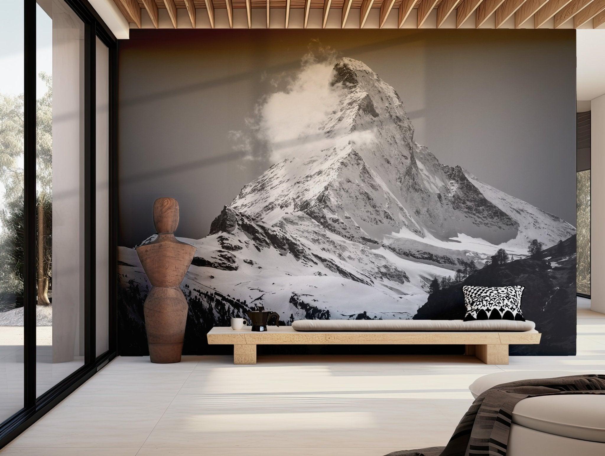 Black and White Mountain Wallpaper - Self Adhesive Peel and Stick Wall Mural - Snowy Peak Majestic BV253