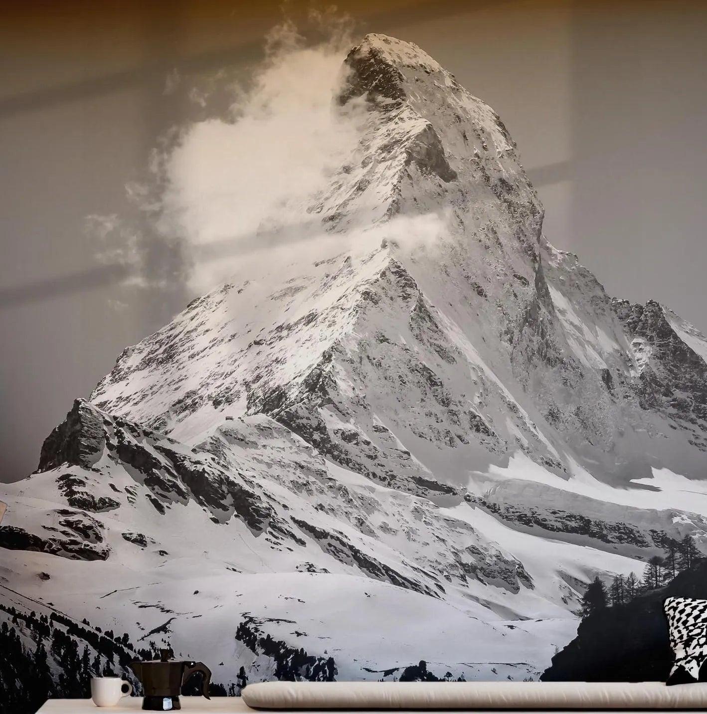 Black and White Mountain Wallpaper - Self Adhesive Peel and Stick Wall Mural - Snowy Peak Majestic BV253