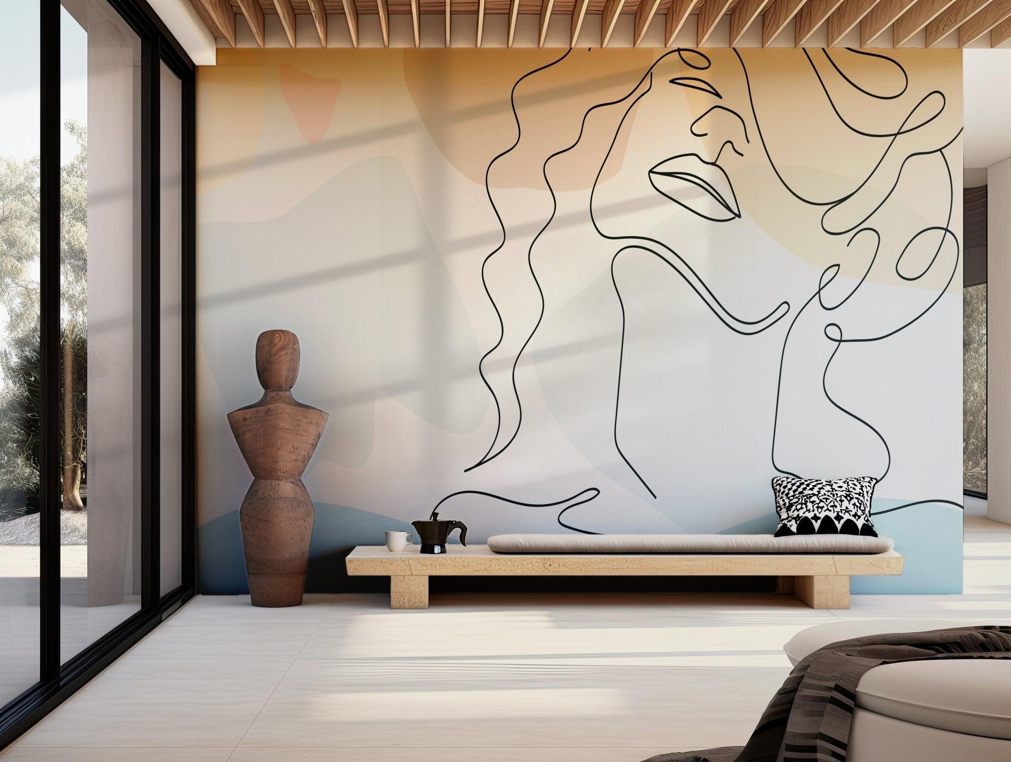 Black & White Beauty Room Wallpaper - Self Adhesive Peel and Stick Wall Mural - Line Art Abstract Women Minimalist BV285