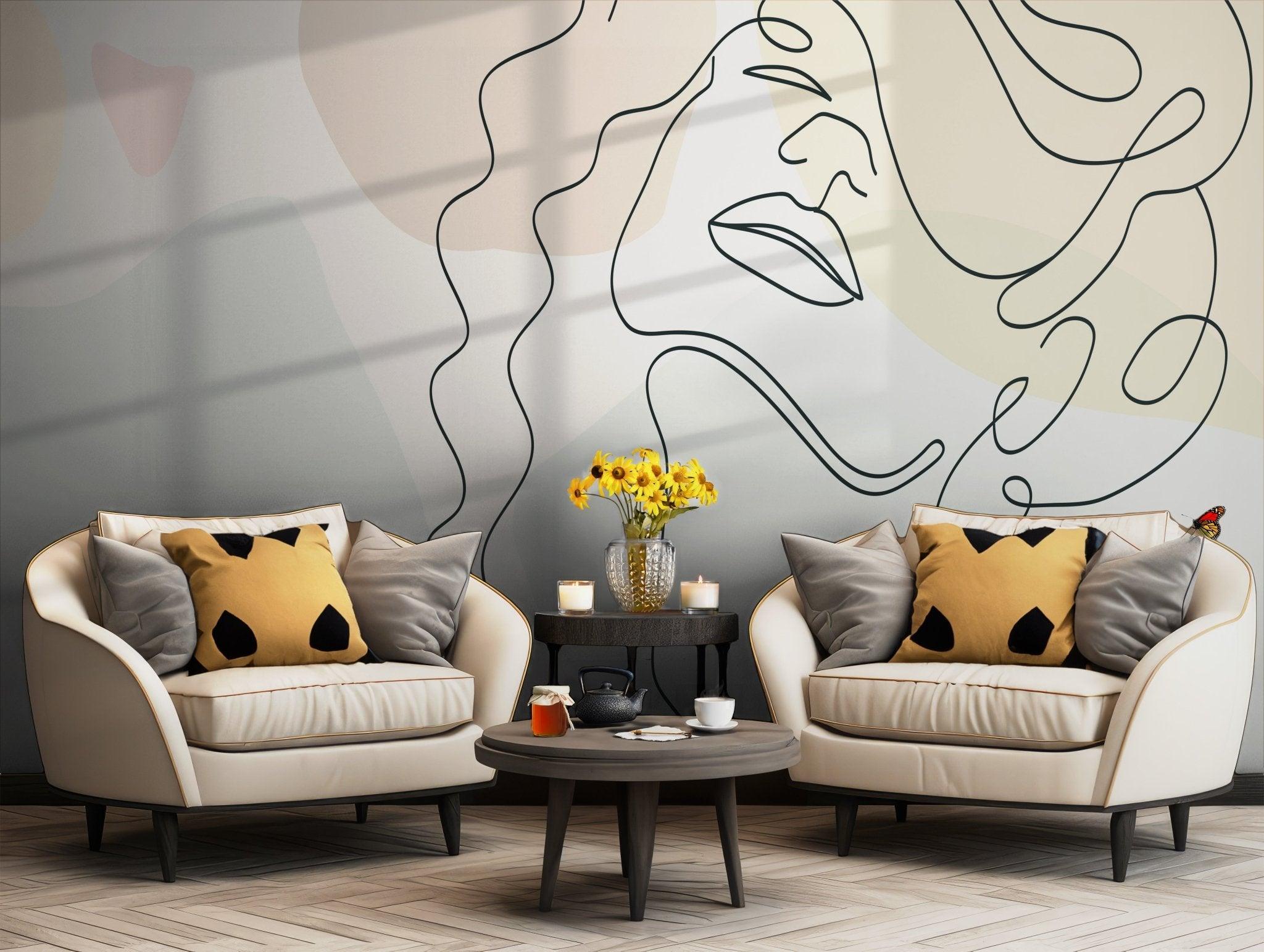 Black & White Beauty Room Wallpaper - Self Adhesive Peel and Stick Wall Mural - Line Art Abstract Women Minimalist BV285