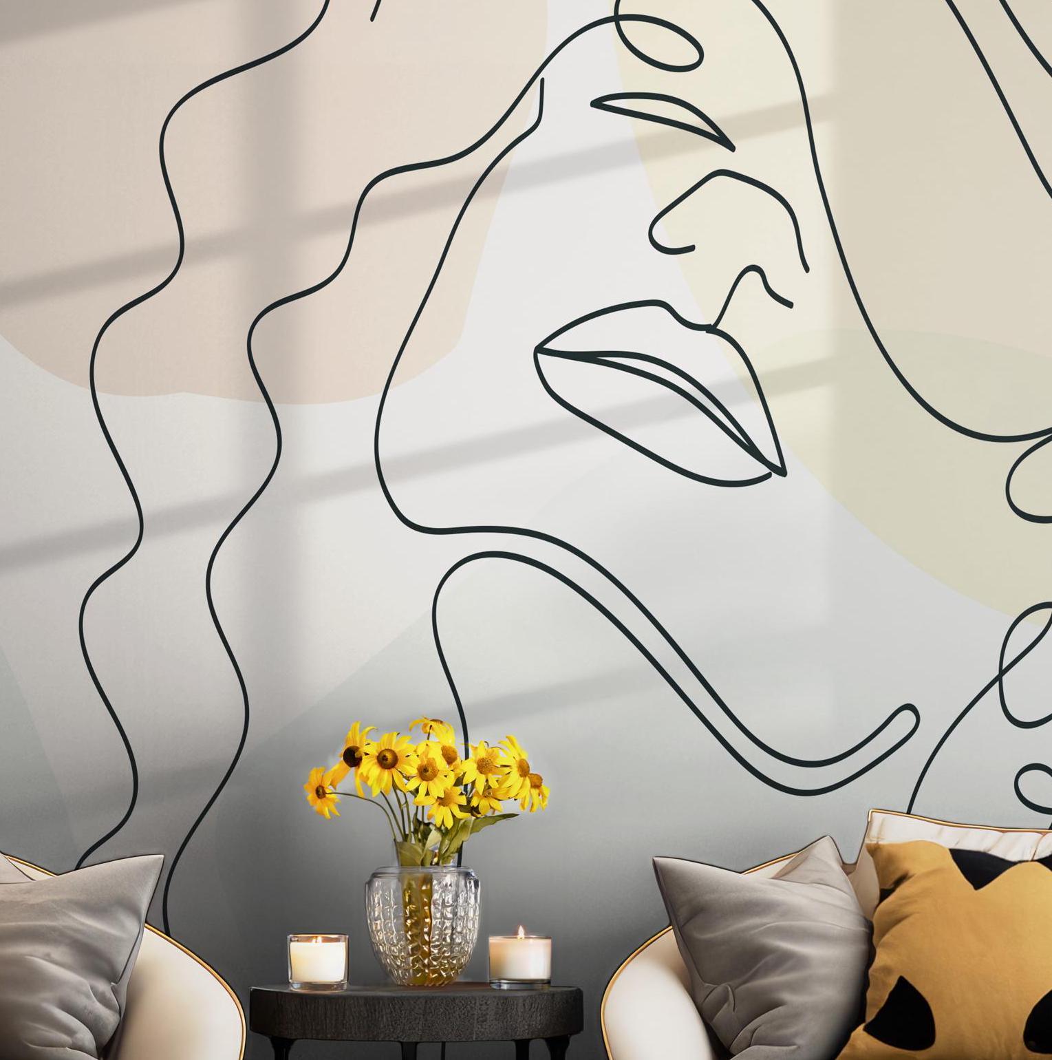 Black & White Beauty Room Wallpaper - Self Adhesive Peel and Stick Wall Mural - Line Art Abstract Women Minimalist BV285