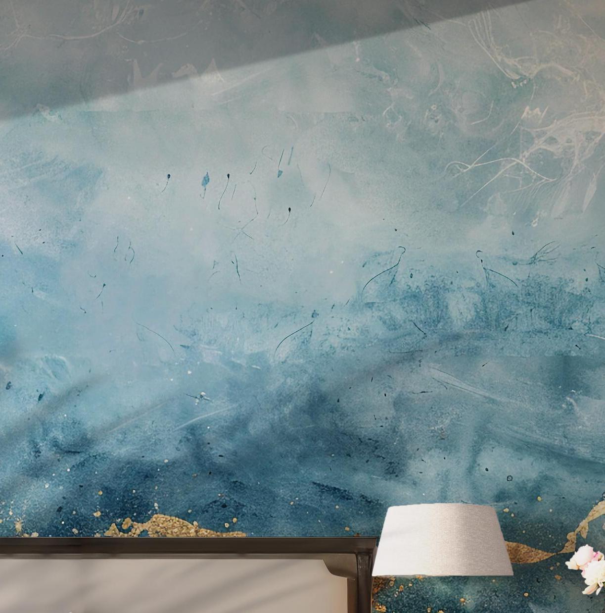 Blue Abstract Watercolor Wall Mural - Gold Accent Removable Self Adhesive Wallpaper BV139